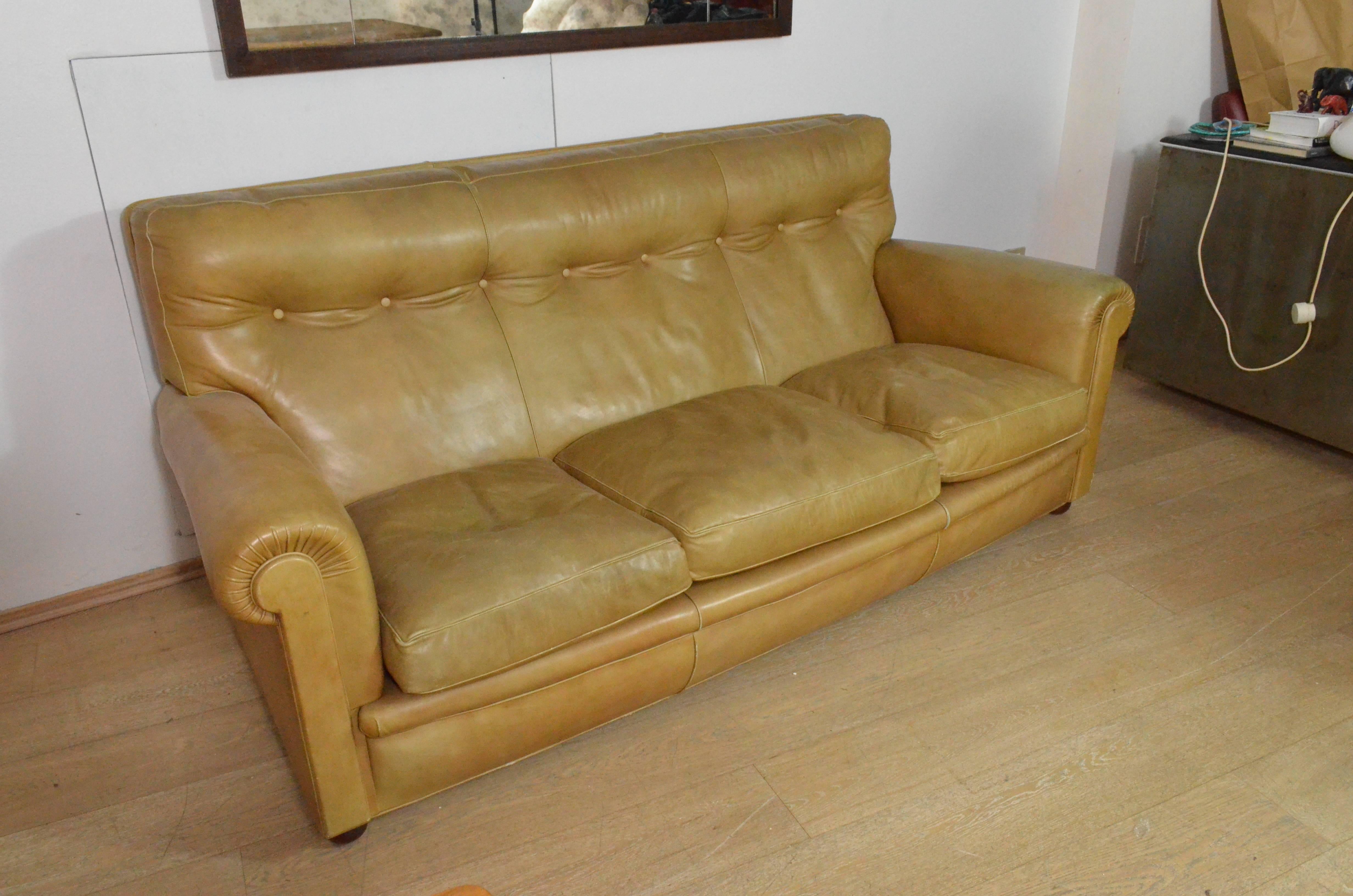 Vintage sofa signed and marked Poltrona Frau. Model “Edoardo” from 1962. The leather, which is cognac color, is in very good vintage condition coherent with age and prior use. We have done a conservative restoration aimed at smoothing the leather.