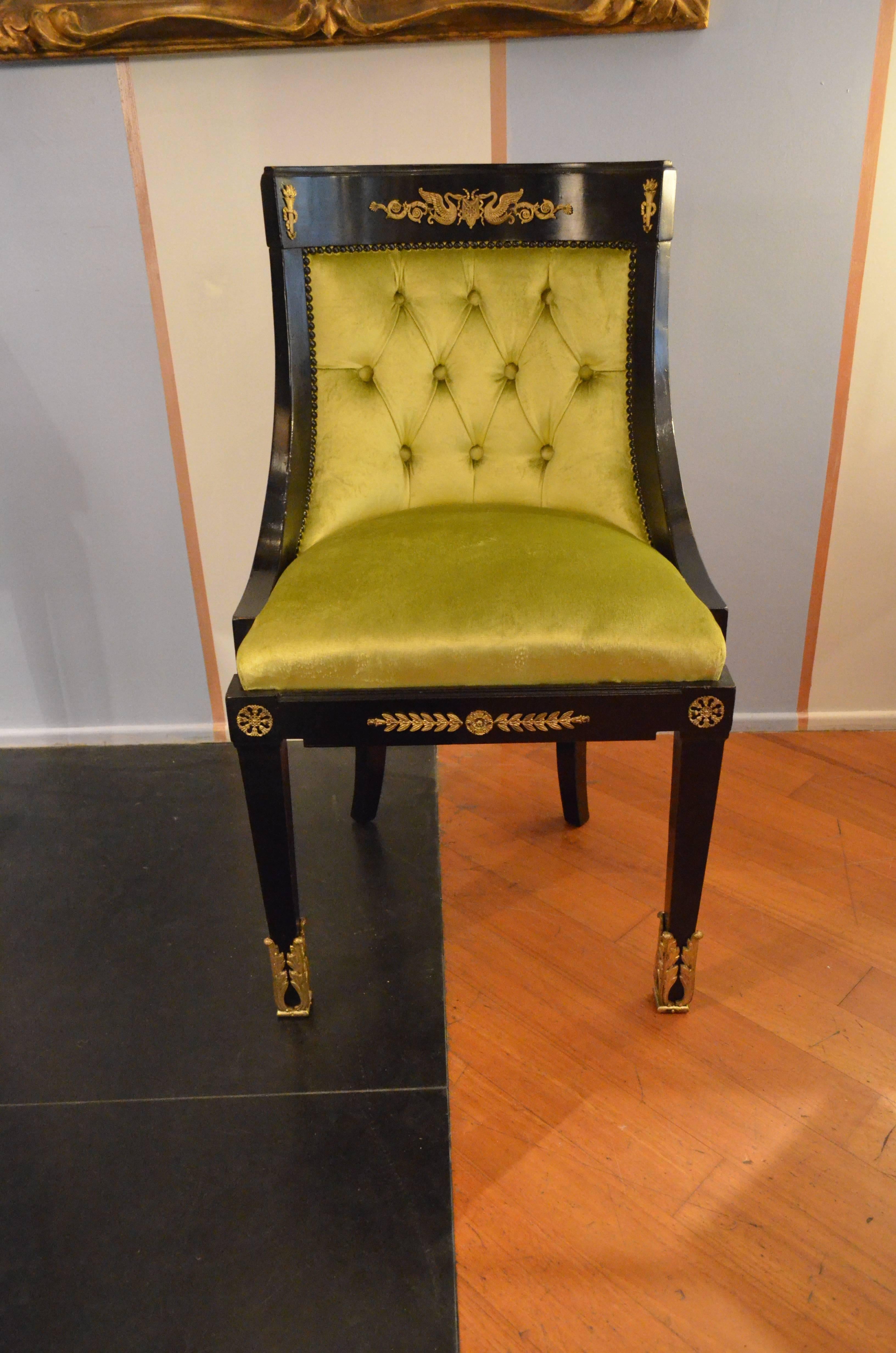 Late 19th Century 19th Century Napoleon III Black lacquered Wood Chairs Green Velvet Seats