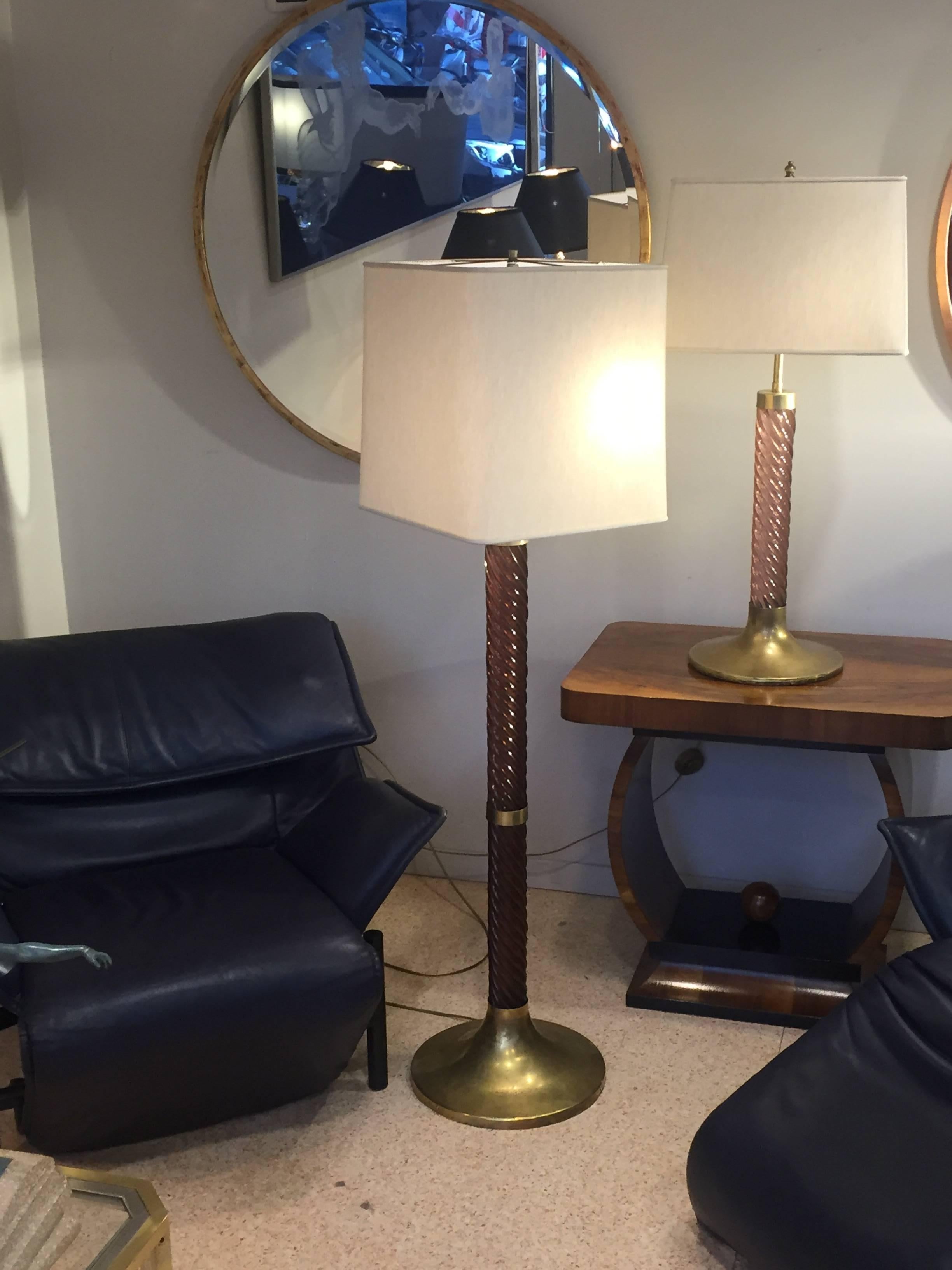 Floor lamp signed by Italian designer Ferdinando Loffredo. The trunk is made out of plexiglass while there are some brass details with their original patina. Two lights. Period 1970. The lampshade is recent and customizable. Rewired for Italy use