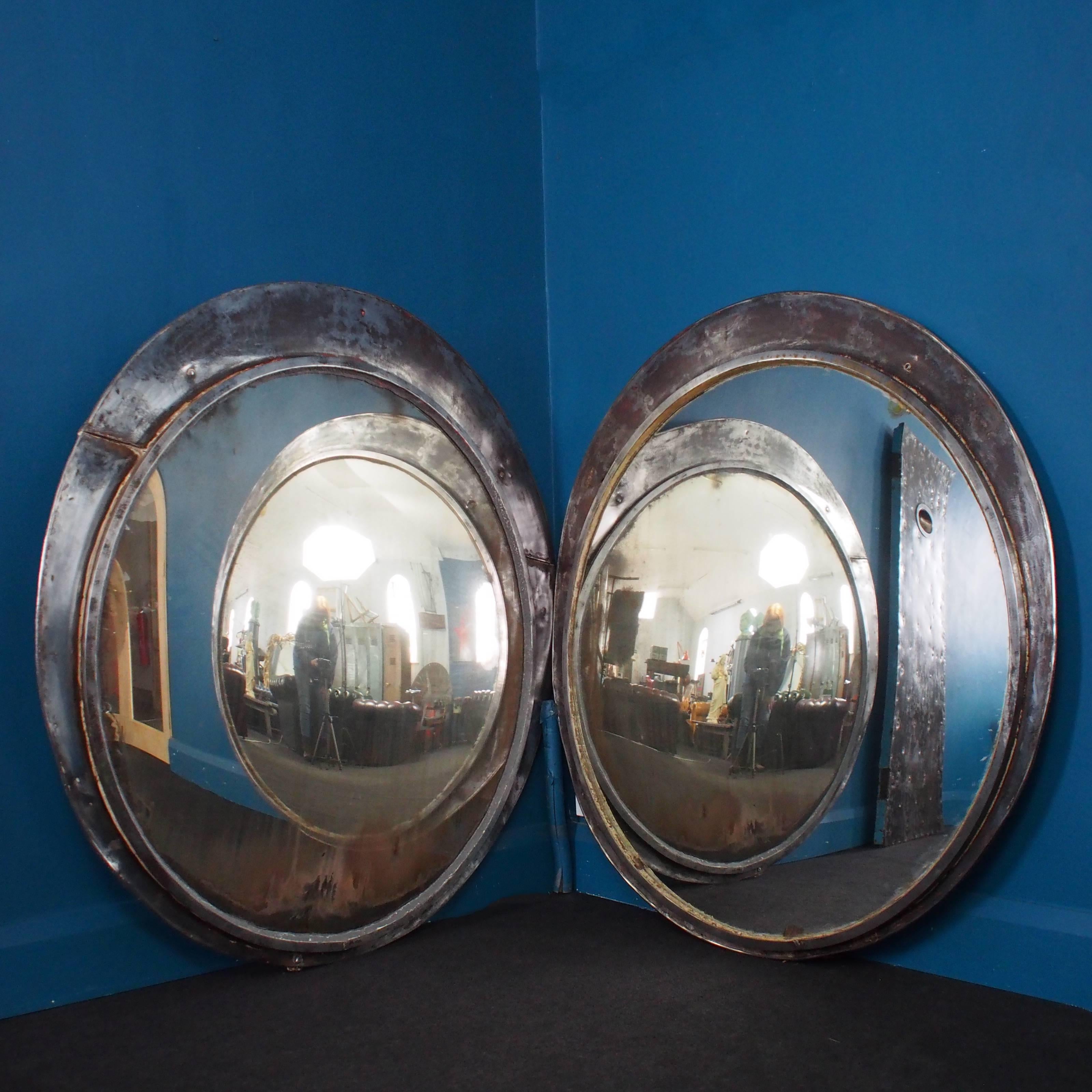 Convex Station Mirror with Polished Steel Surround, 1920s In Distressed Condition In Chester, Flintshire