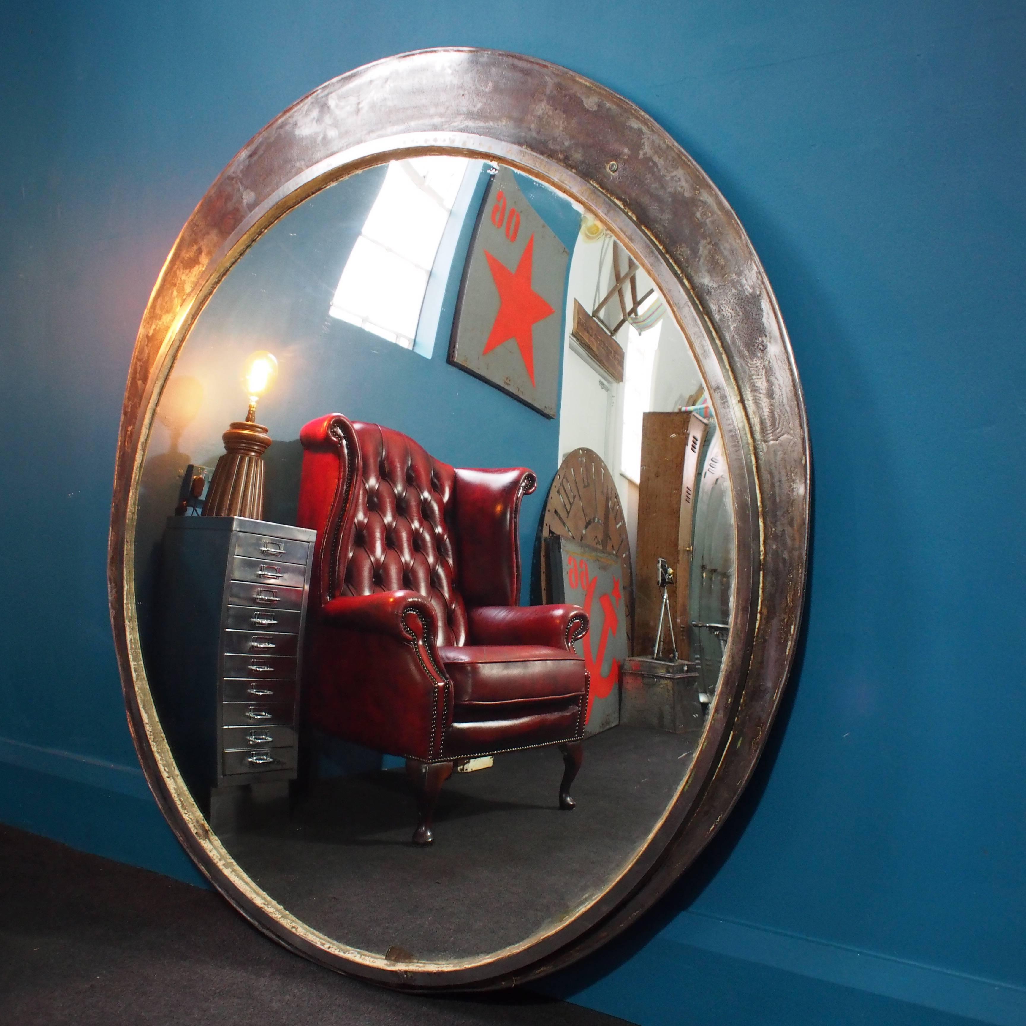 Industrial Convex Station Mirror with Polished Steel Surround, 1920s