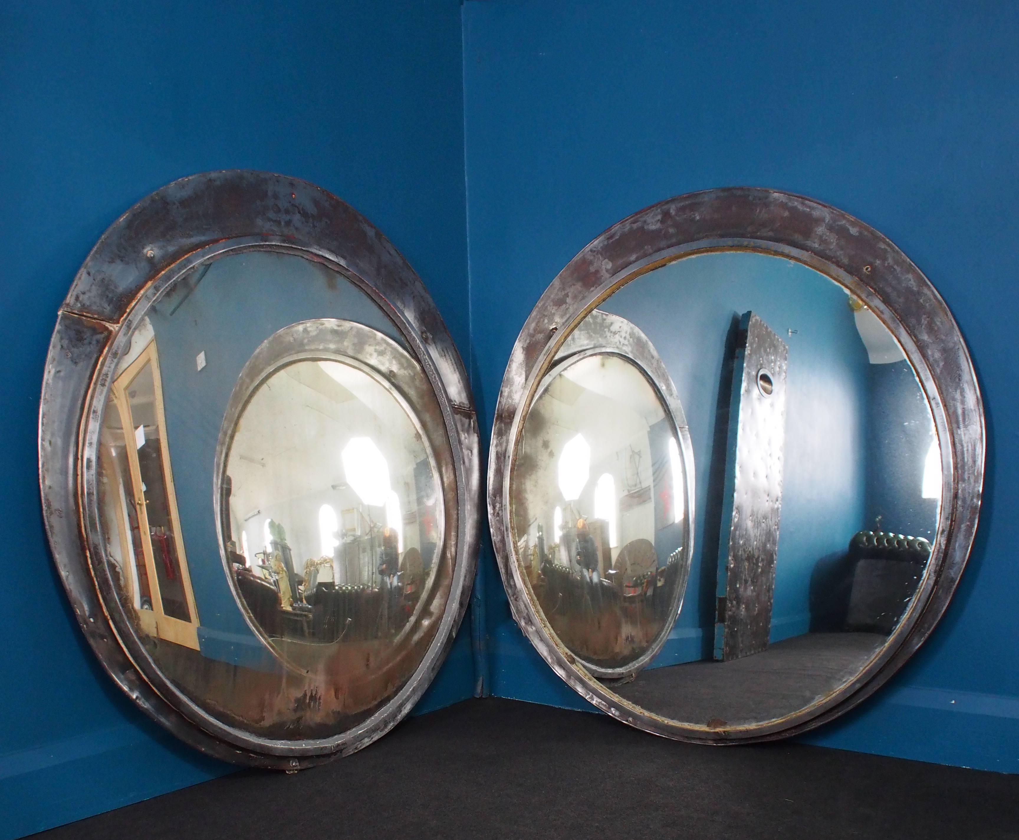 Early 20th Century Convex Station Mirror with Polished Steel Surround, 1920s
