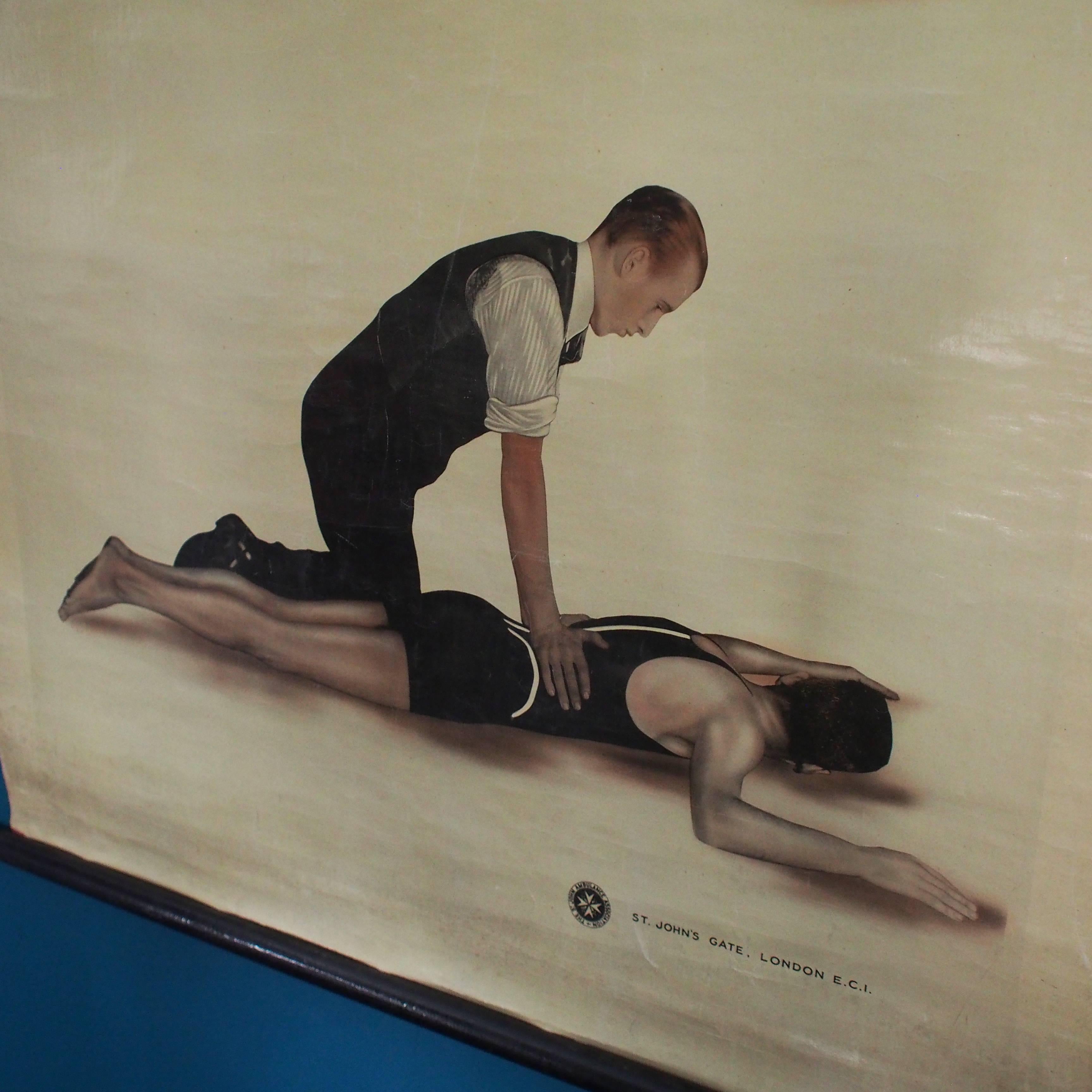 Respiration Poster, St John's Ambulance, J.Tech Swimmer First Aid 1920s 2