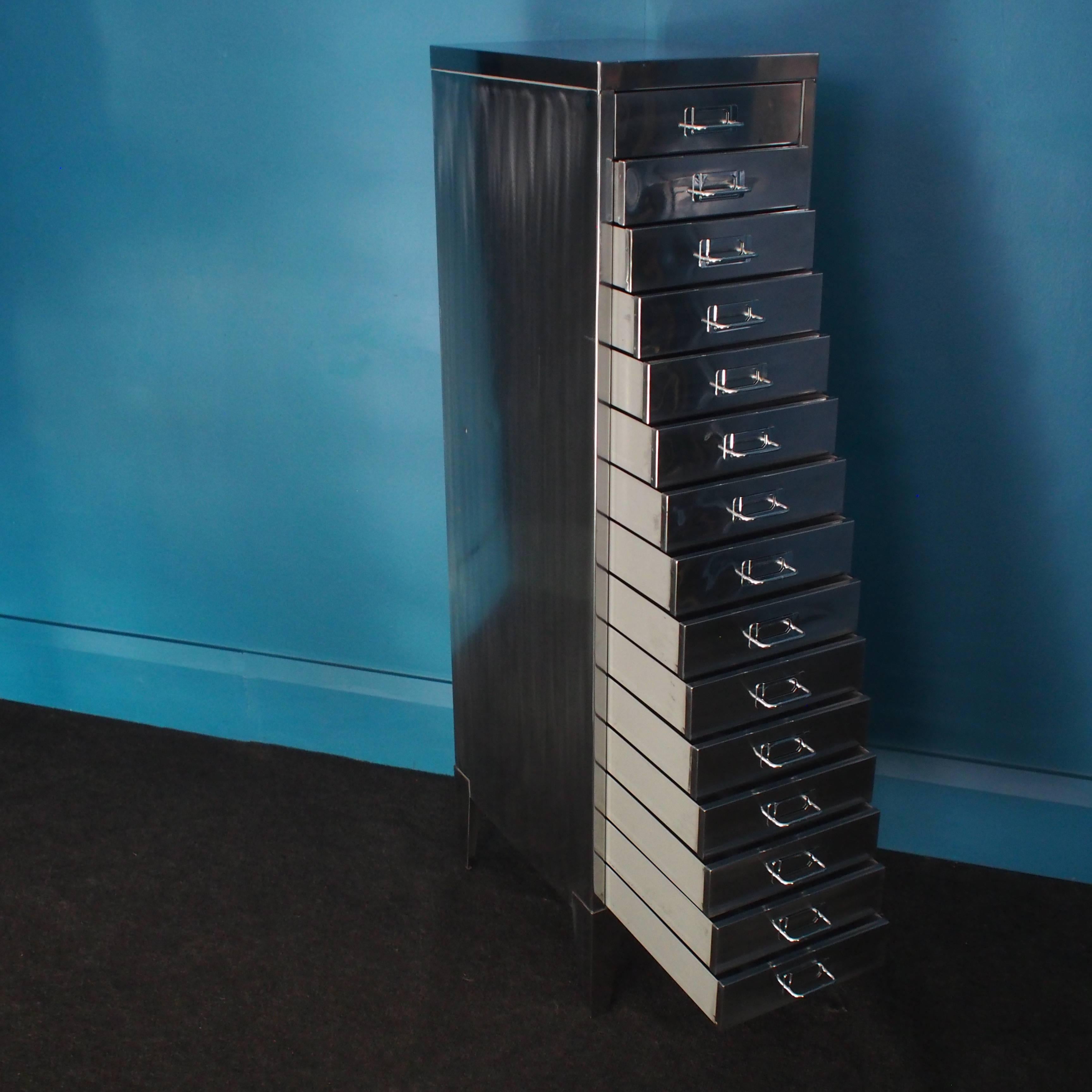 Industrial Tall English Polished Steel Filing Cabinet with Tapered Legs, circa 1960