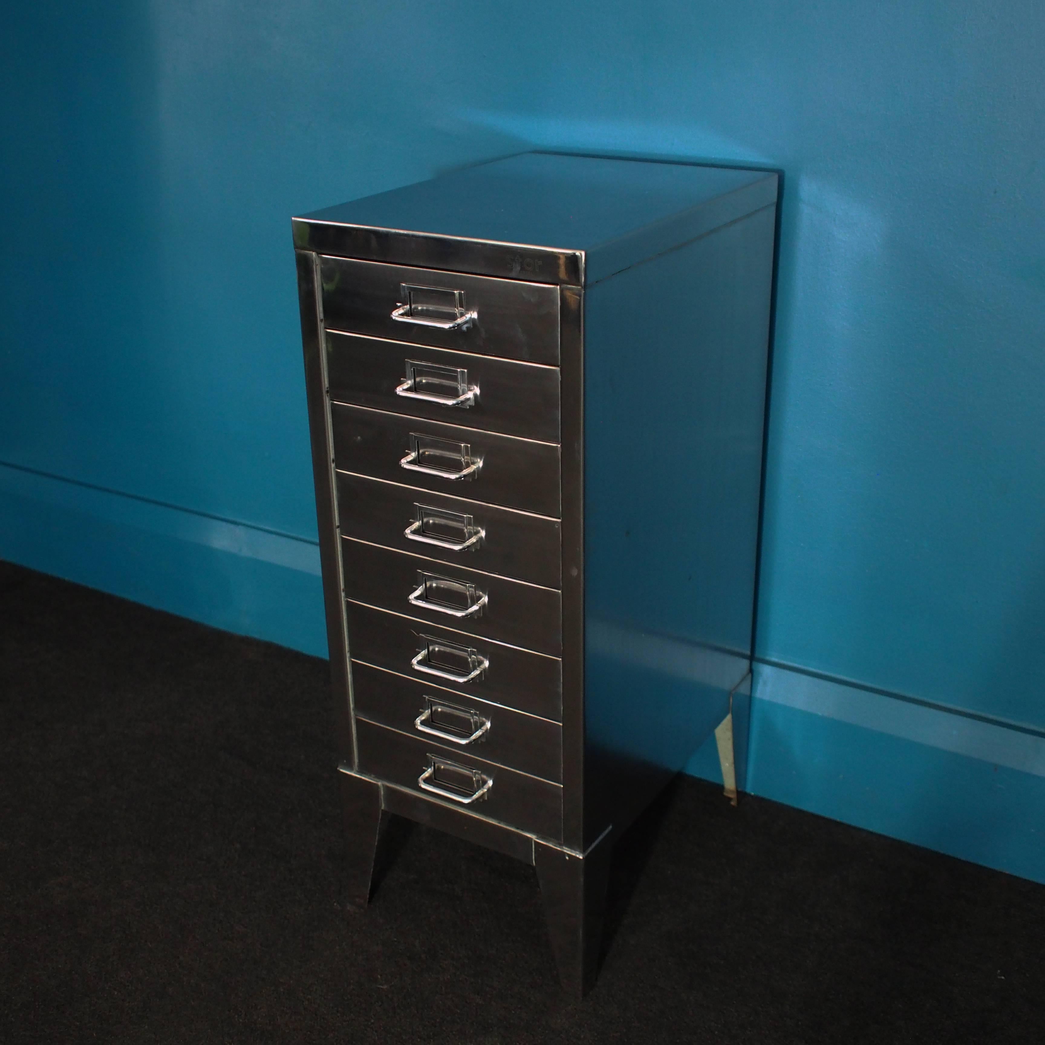 Industrial Polished Steel Filing Cabinet with Tapered Legs by Stor, circa 1950s 1