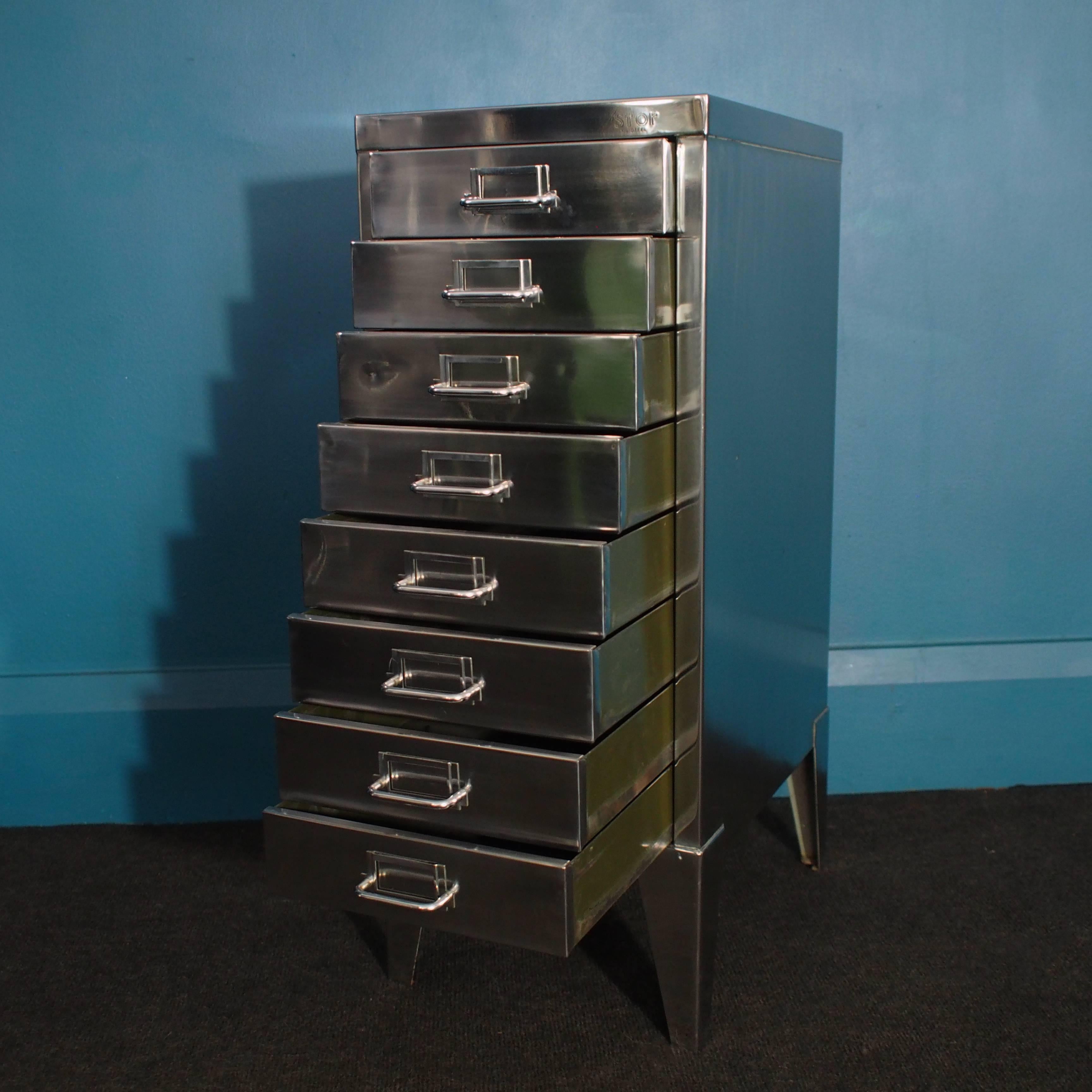 20th Century Industrial Polished Steel Filing Cabinet with Tapered Legs by Stor, circa 1950s
