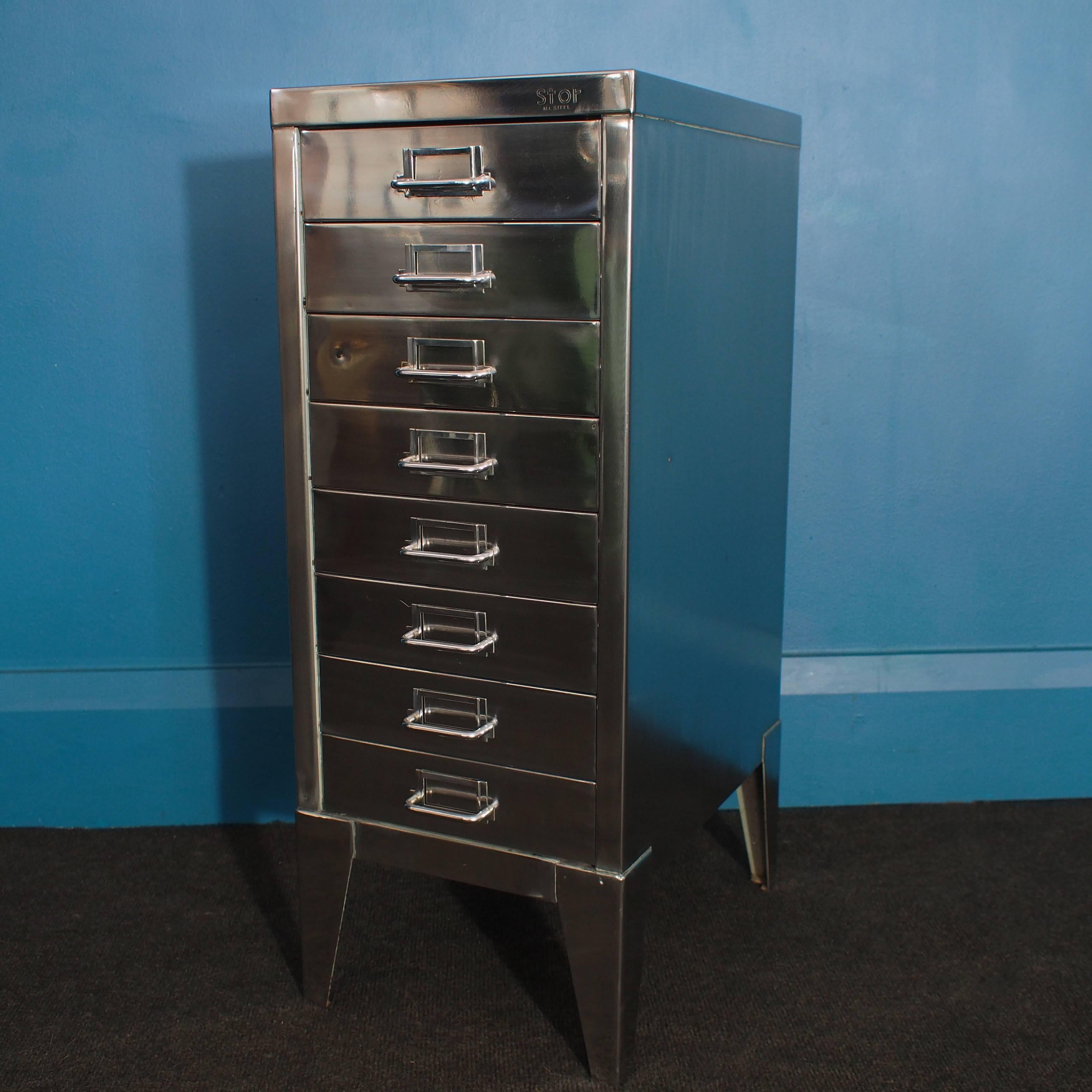 Industrial Polished Steel Filing Cabinet with Tapered Legs by Stor, circa 1950s 3