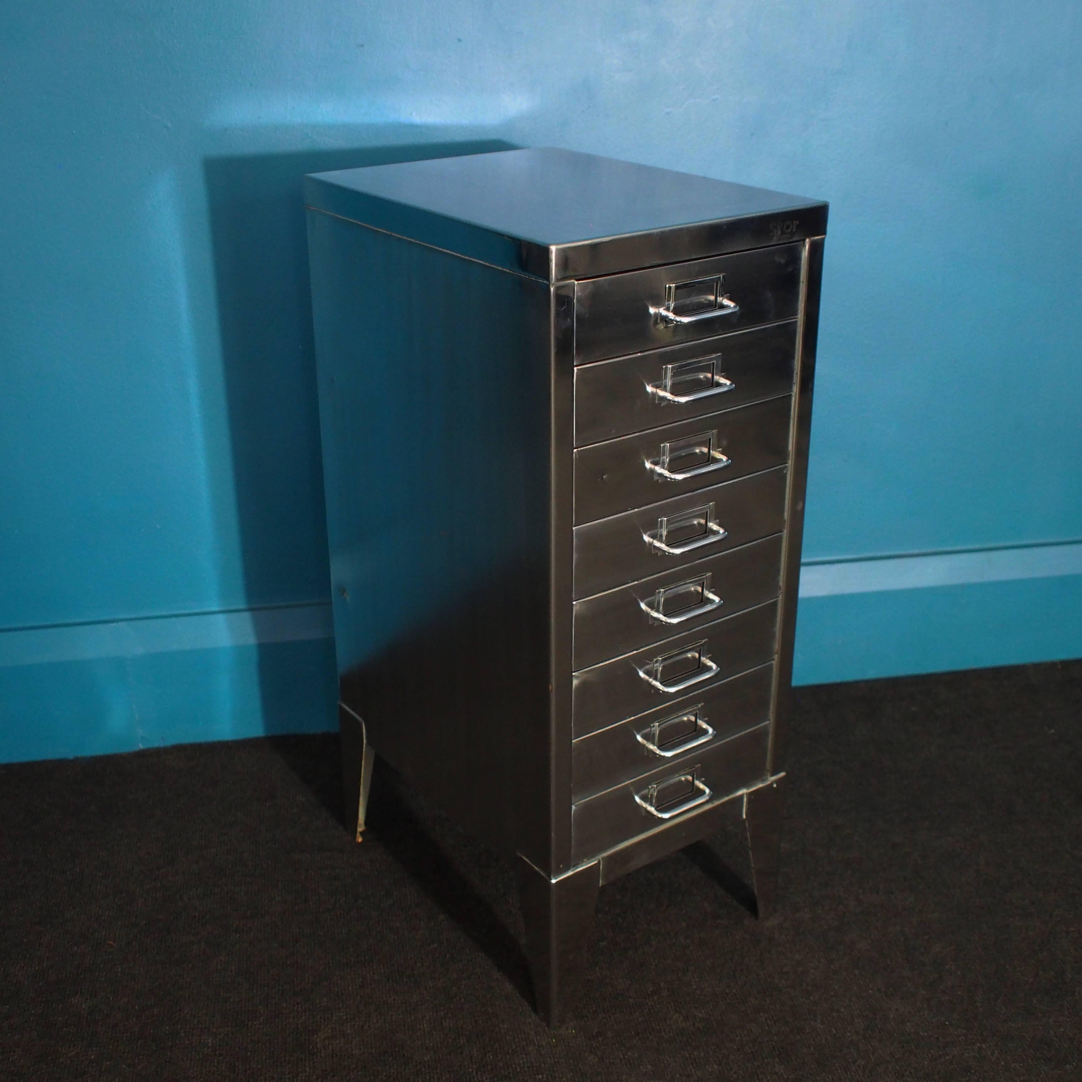 Industrial Polished Steel Filing Cabinet with Tapered Legs by Stor, circa 1950s 2