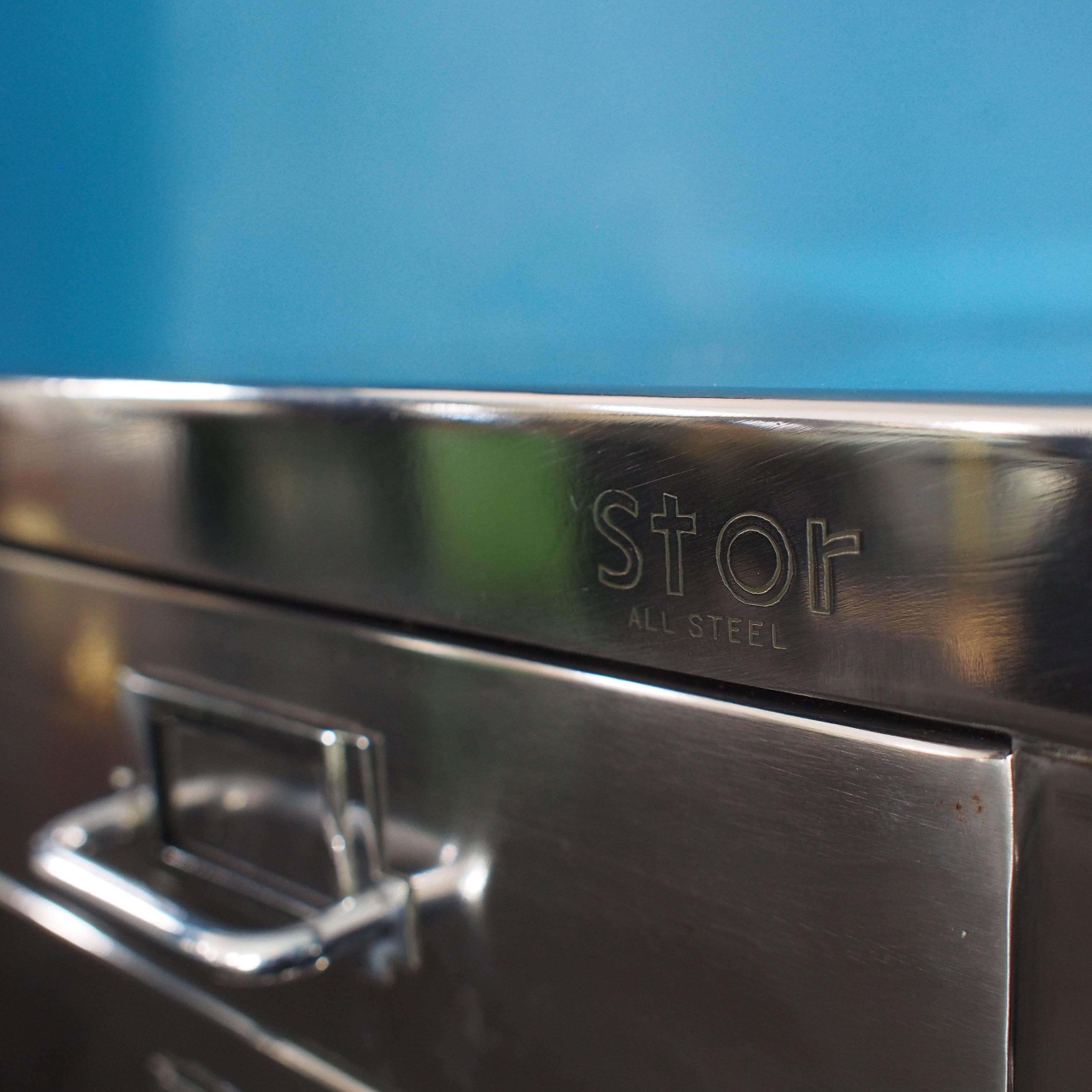 British Industrial Polished Steel Filing Cabinet with Tapered Legs by Stor, circa 1950s