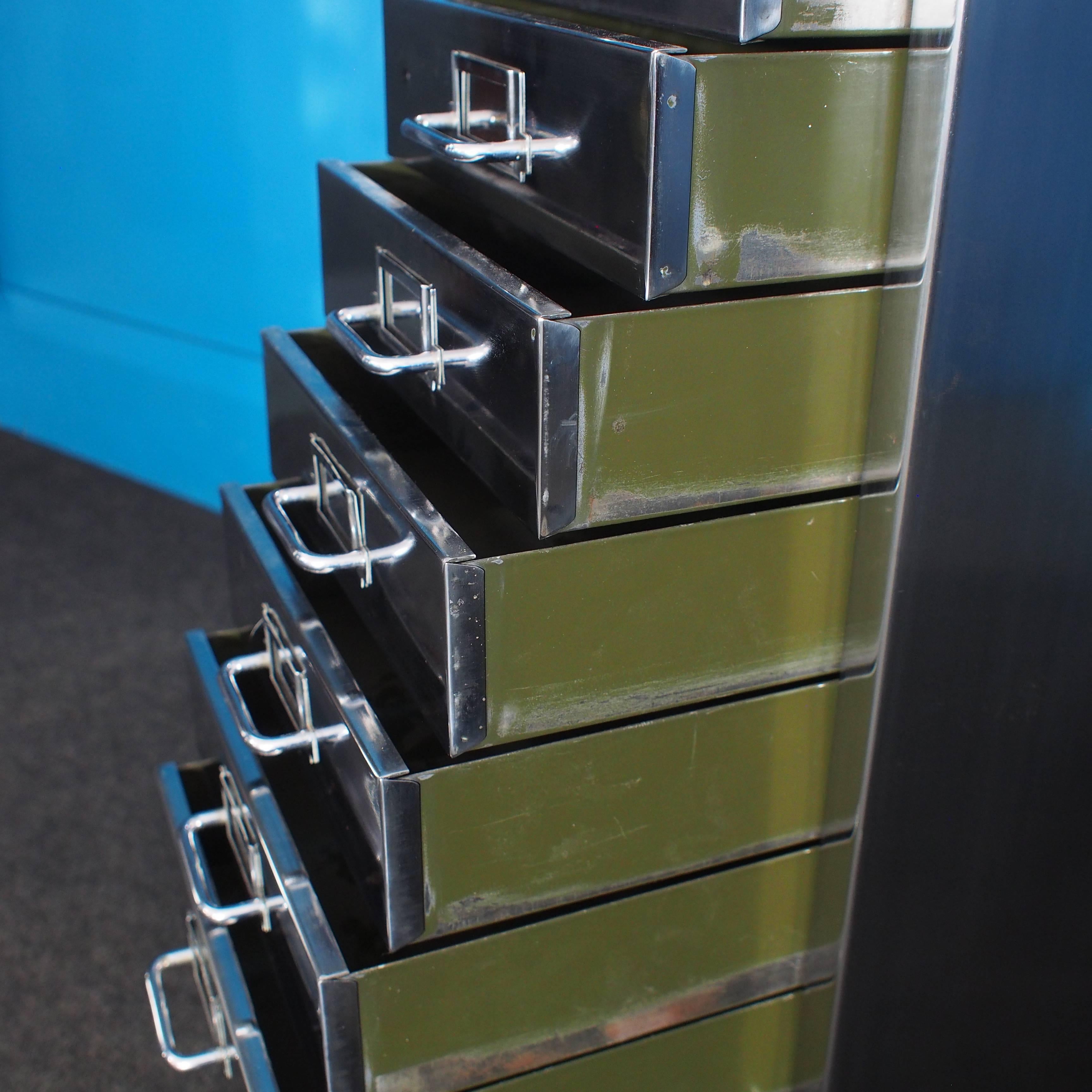 Industrial Polished Steel Filing Cabinet with Tapered Legs by Stor, circa 1950s In Excellent Condition In Chester, Flintshire