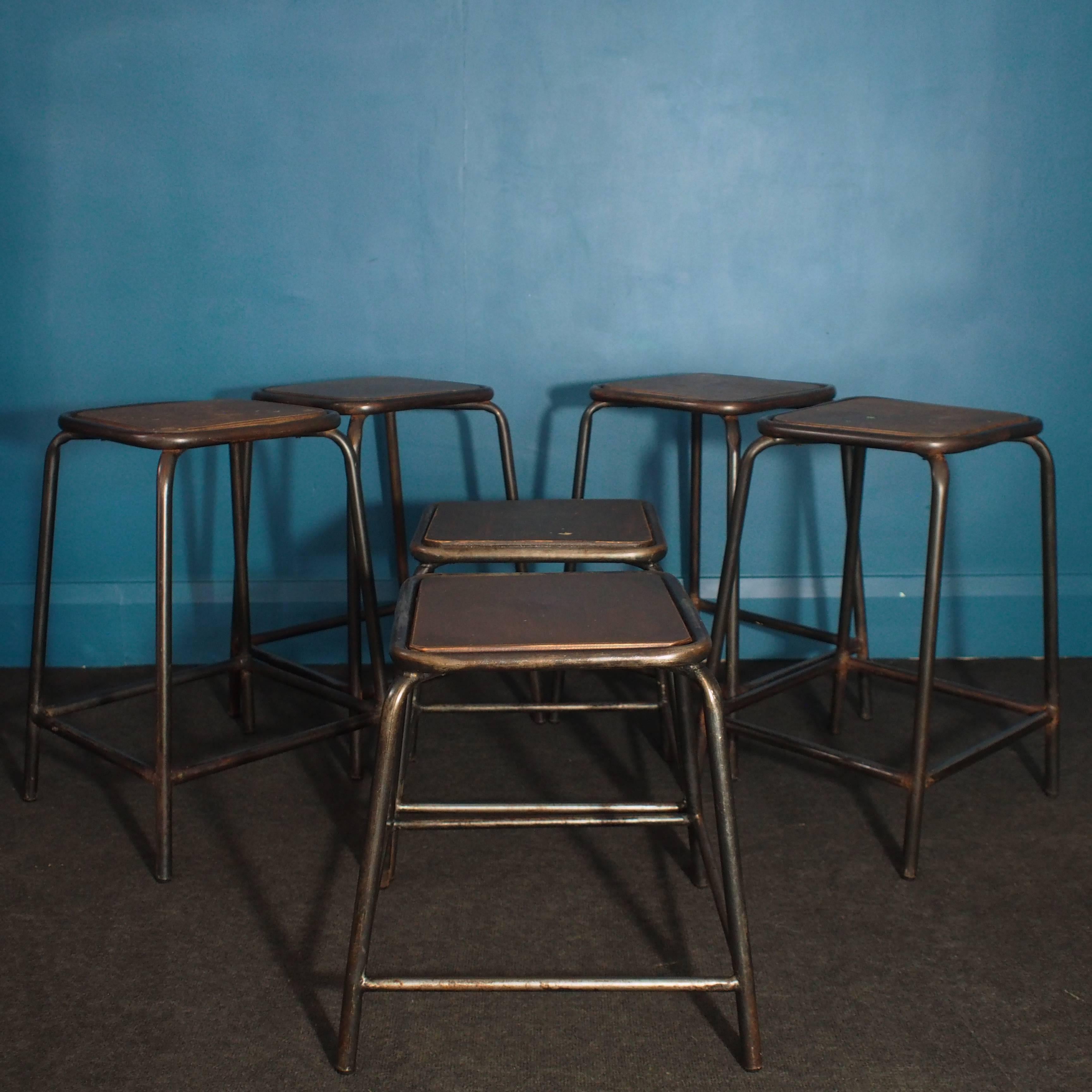 Heavy Tubular Steel Factory Stools, circa 1950, Set of Six In Distressed Condition In Chester, Flintshire