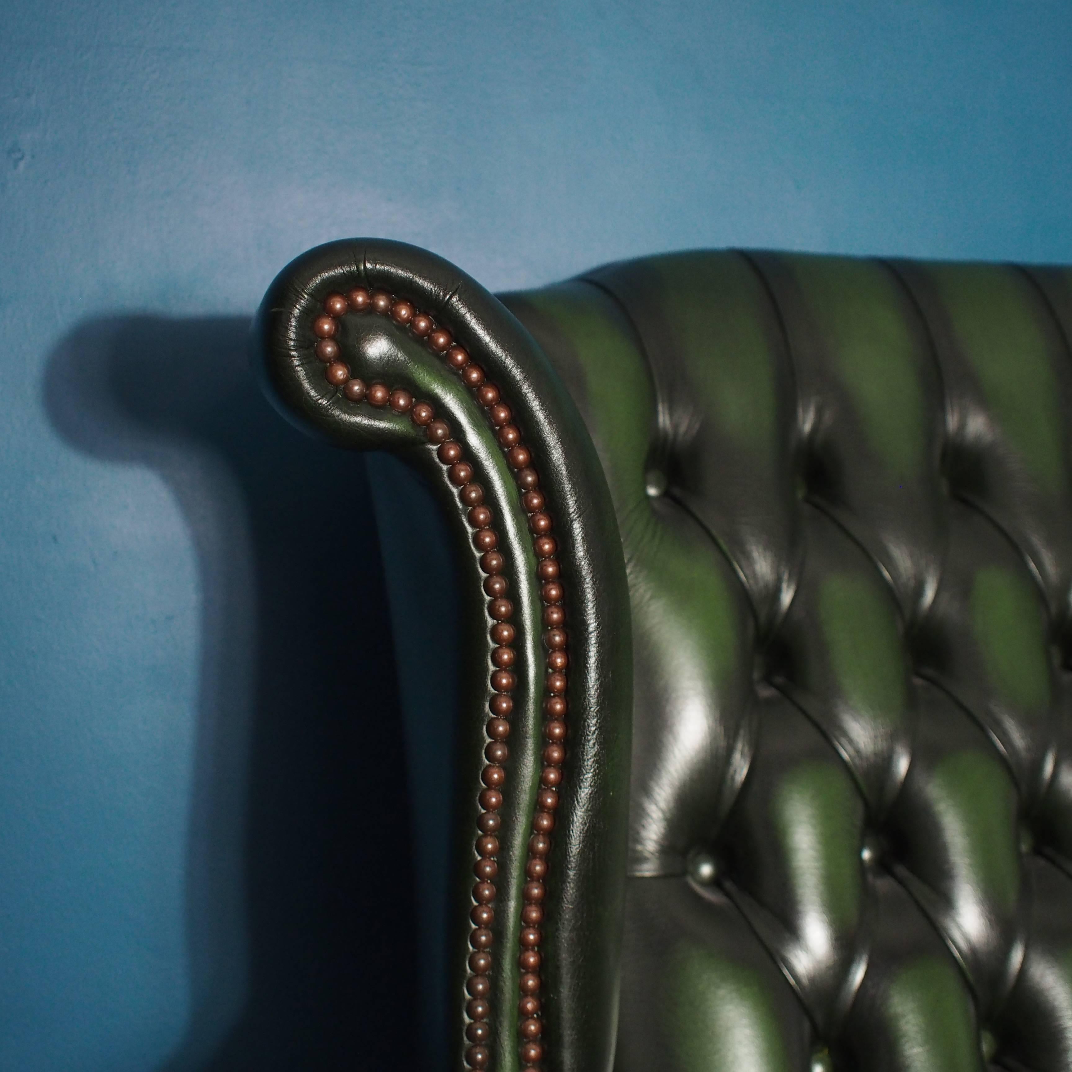 British Two-Seat Leather Wingback Chesterfield Sofa, Antique Green, 1980s