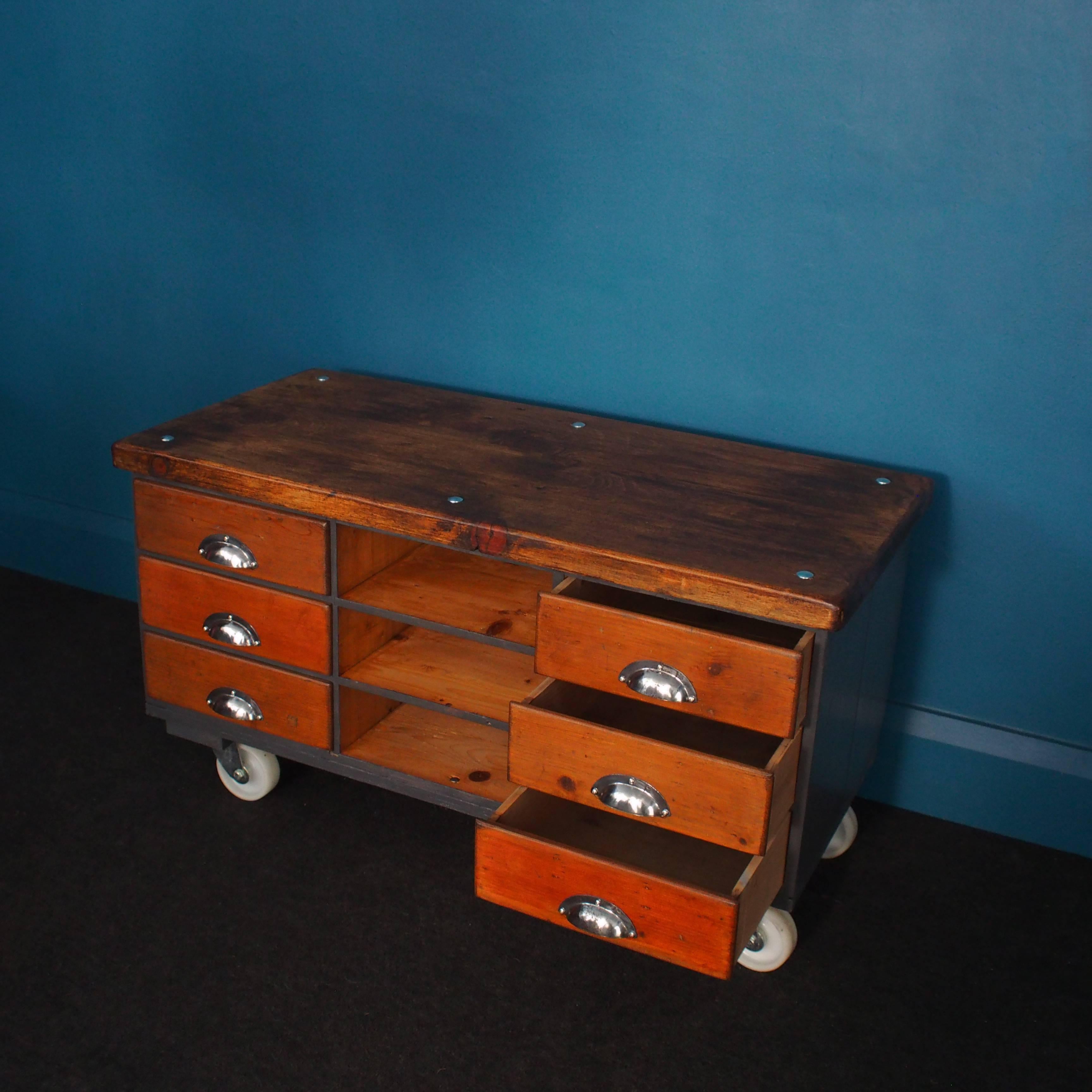 Vintage Rustic Industrial Storage Cabinet on Casters with Reclaimed Wooden Top For Sale 1