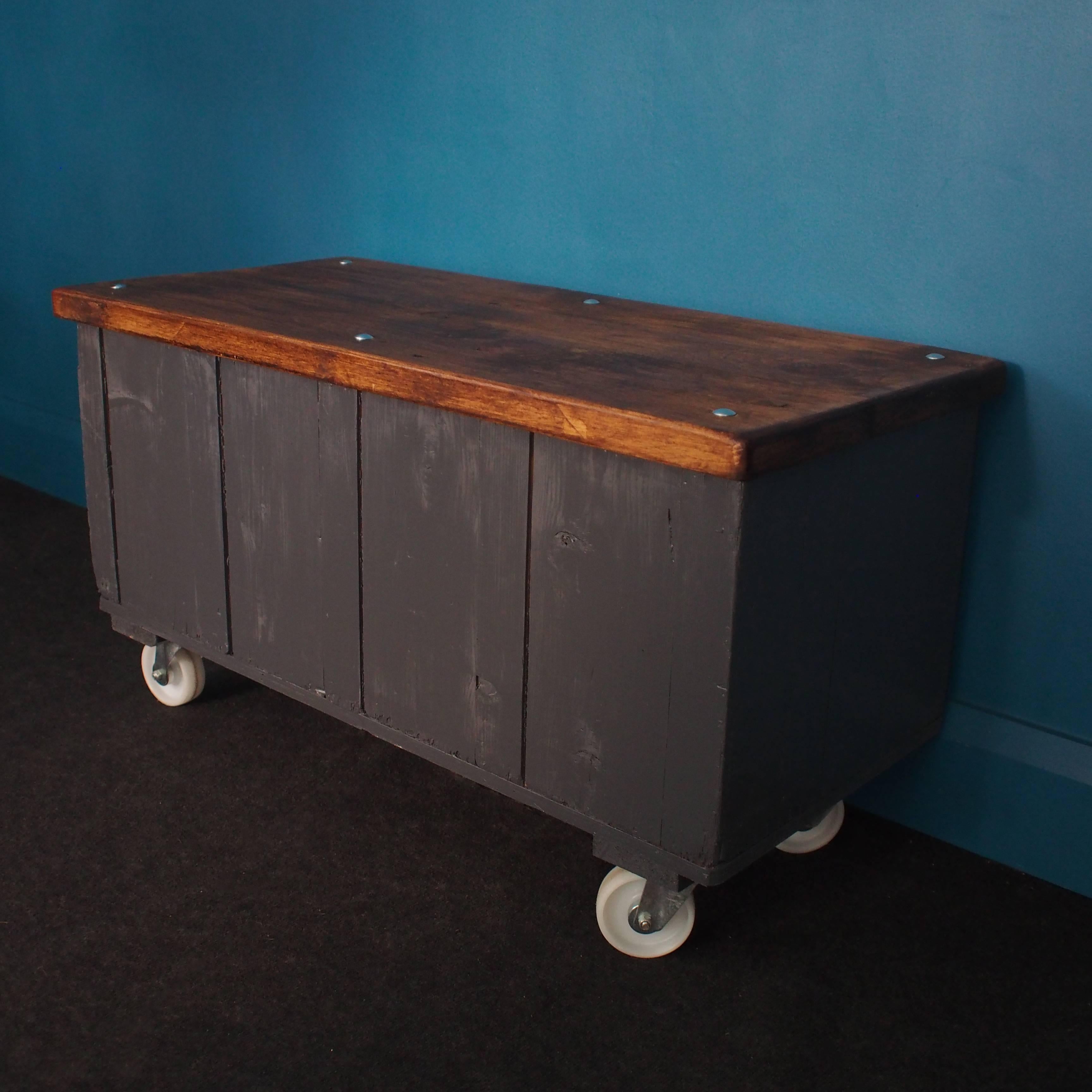 Softwood Vintage Rustic Industrial Storage Cabinet on Casters with Reclaimed Wooden Top For Sale