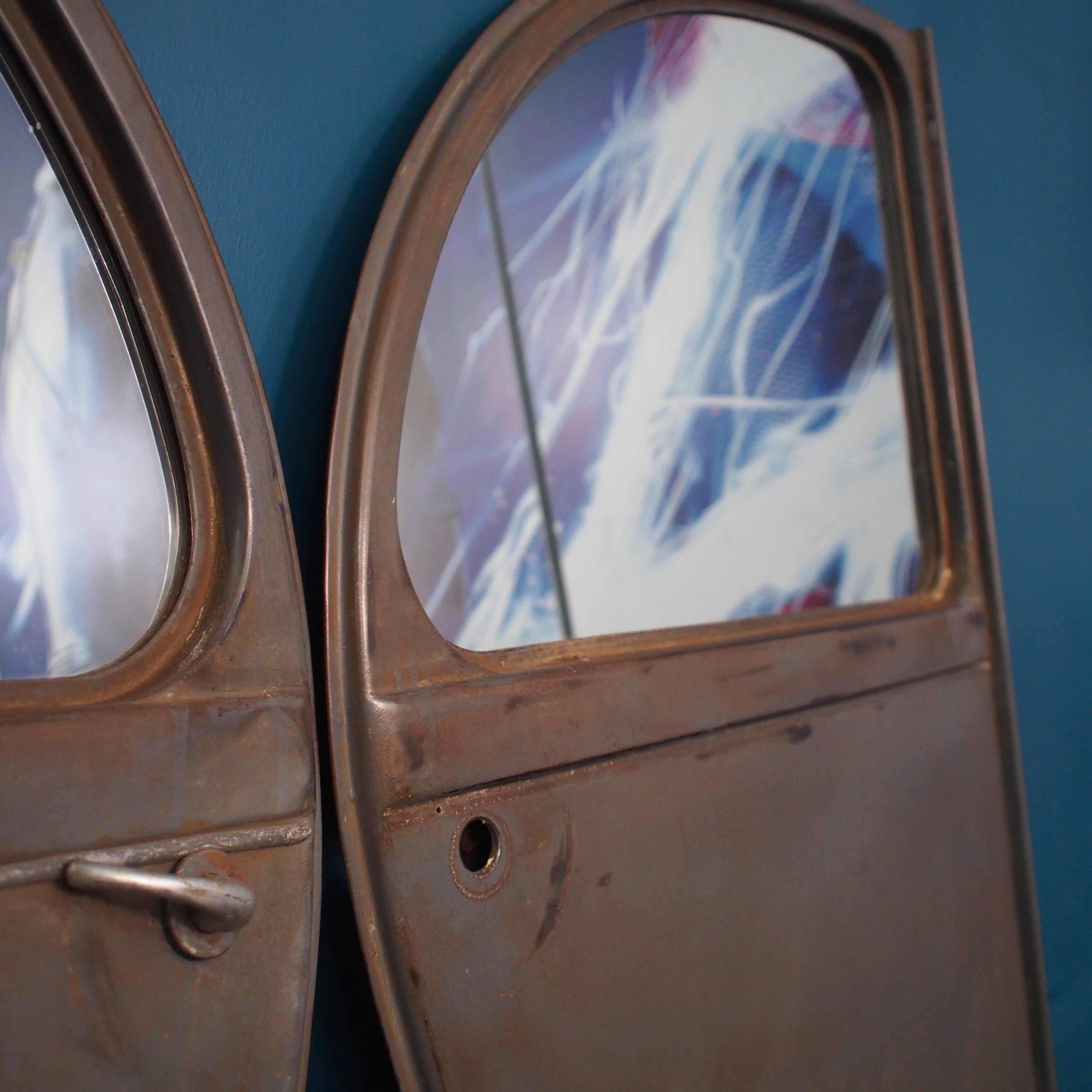 Glass Industrial Vintage Mirrors, Pair of Citroen 2CV Rear Doors