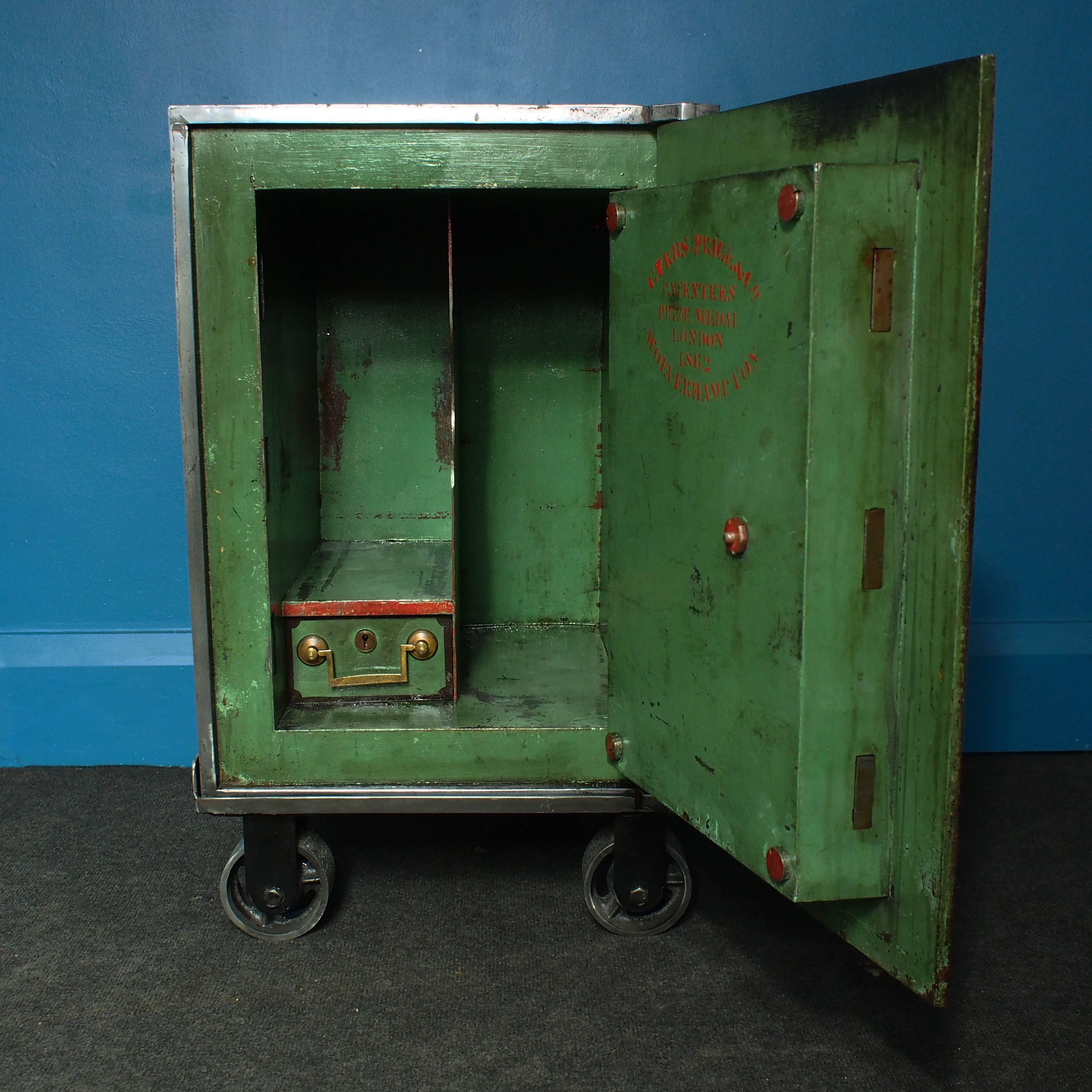 Brass Fire-Proof Safe with Original Key Set on Bespoke Steel Trolley, 1800s