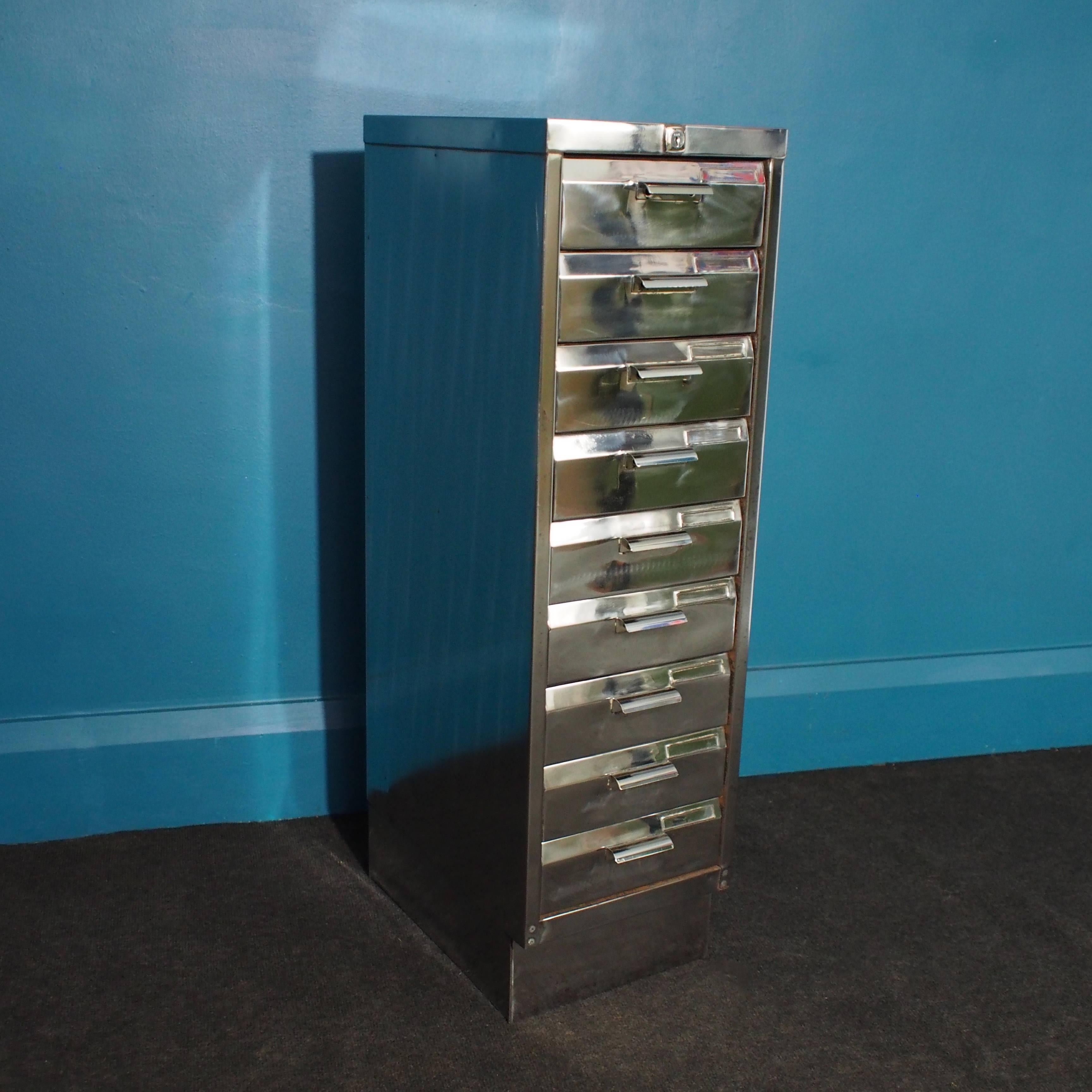 Mid-20th Century Vintage Steel Filing Cabinet with Nine Deep Drawers, Stripped and Polished 1940s For Sale