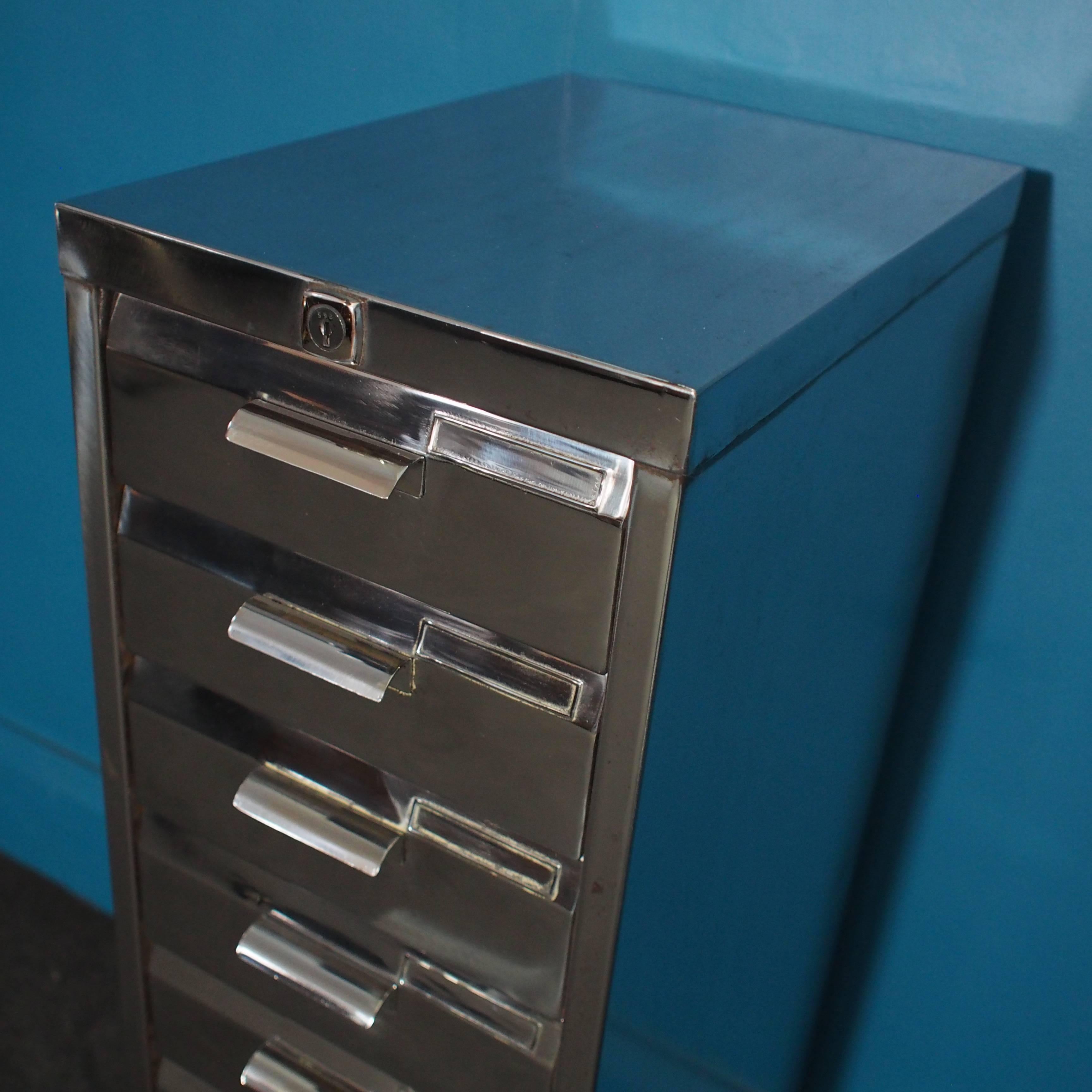 Vintage Steel Filing Cabinet with Nine Deep Drawers, Stripped and Polished 1940s For Sale 1