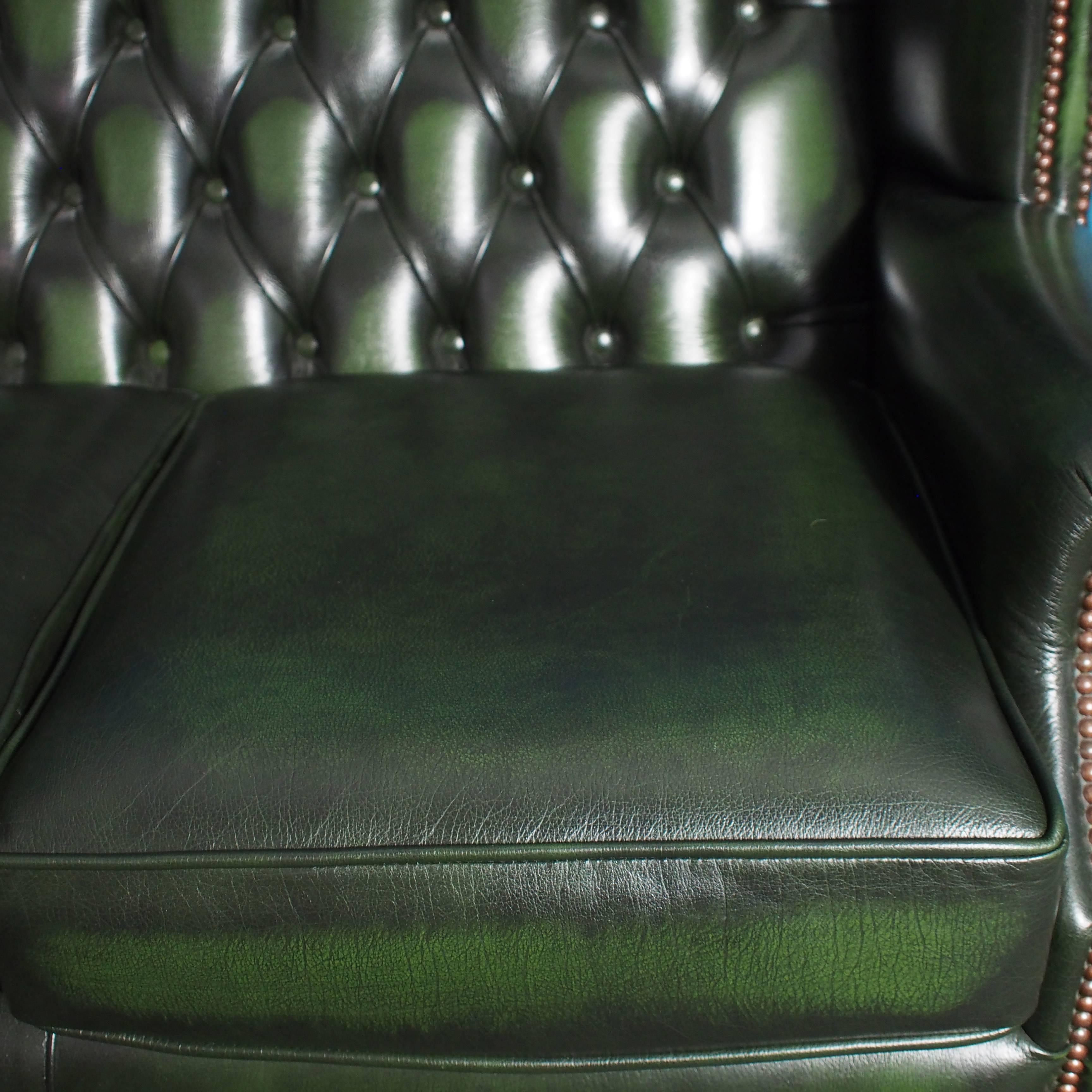 Late 20th Century Two-Seat Leather Wingback Chesterfield Sofa, Antique Green, 1980s