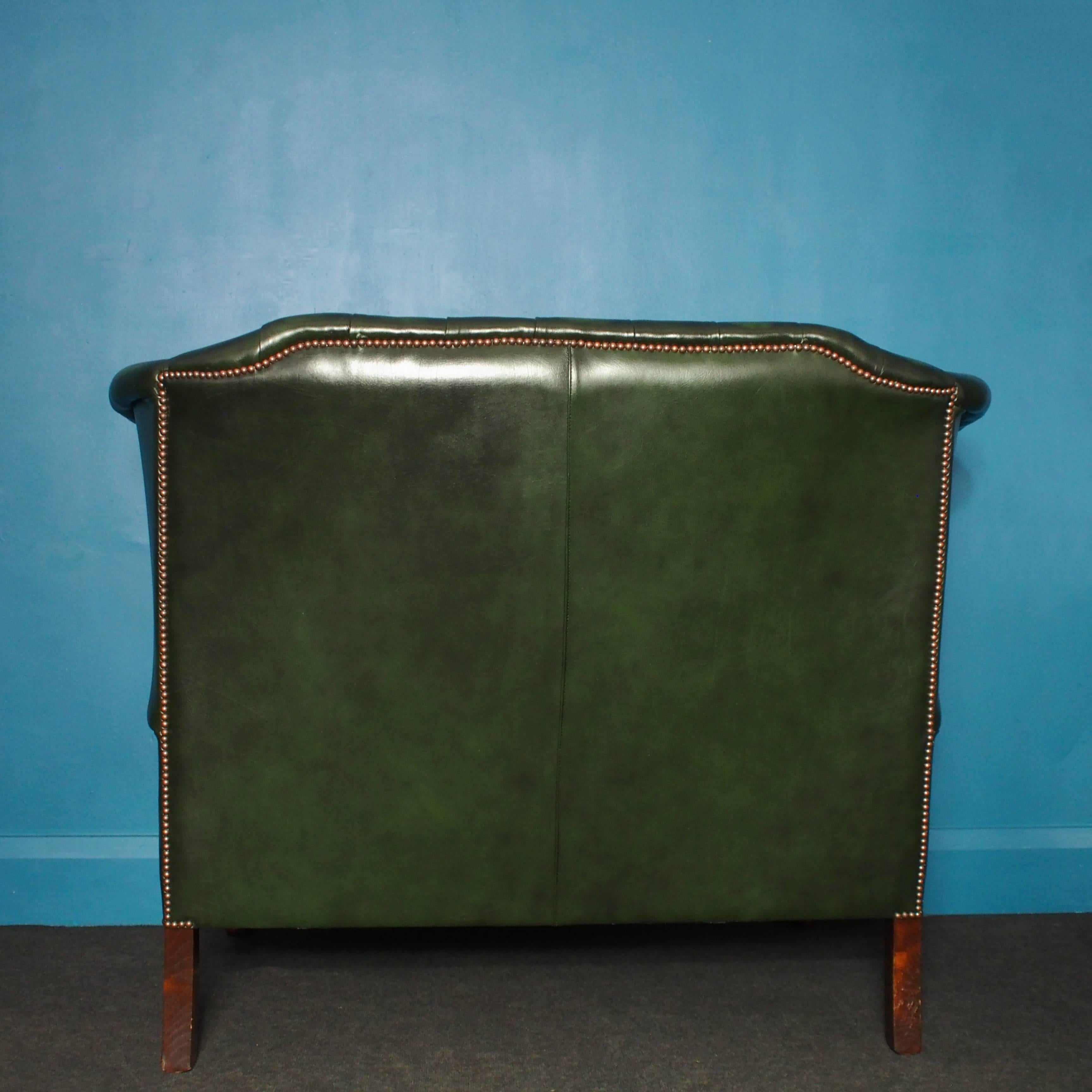 Two-Seat Leather Wingback Chesterfield Sofa, Antique Green, 1980s 1