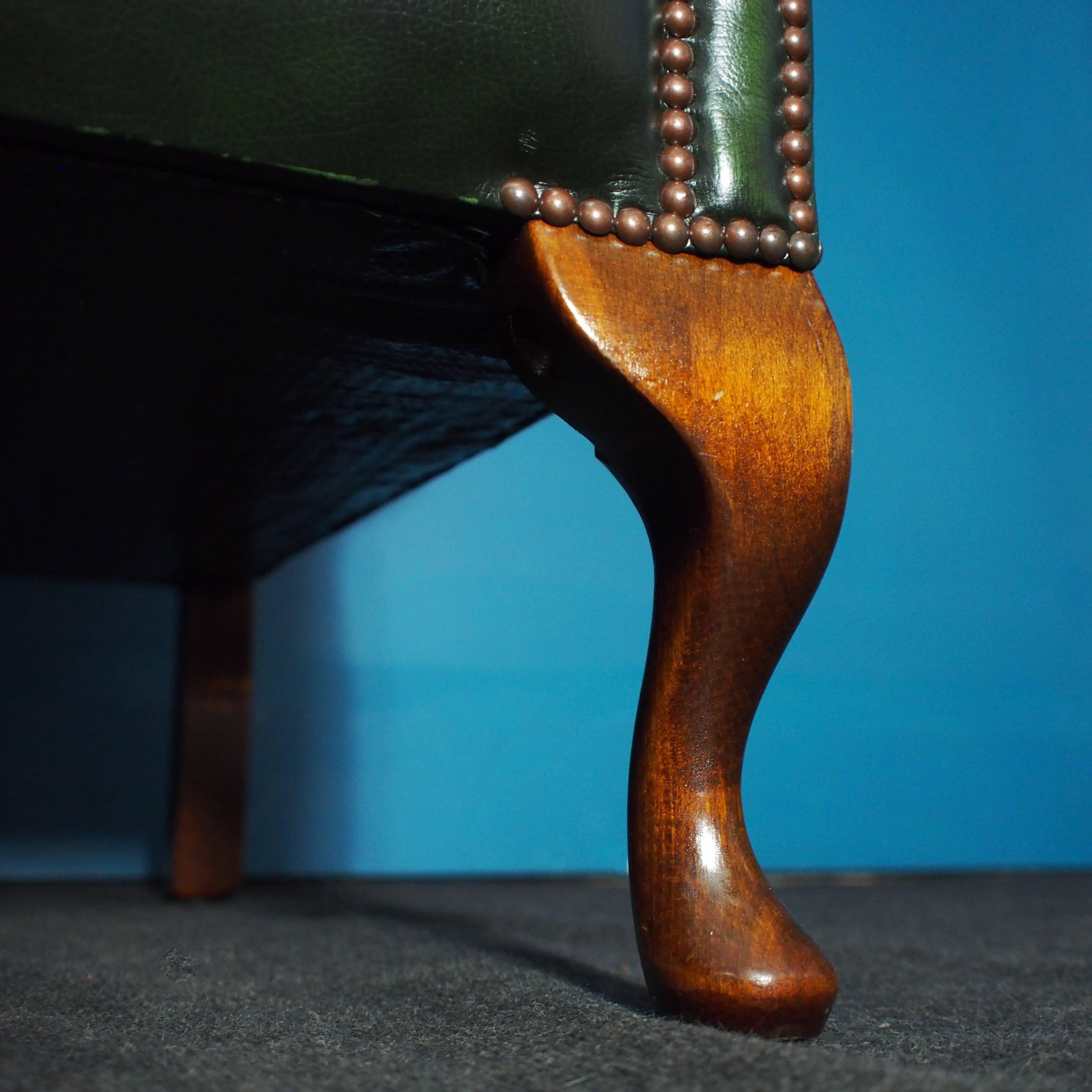 Two-Seat Leather Wingback Chesterfield Sofa, Antique Green, 1980s 2