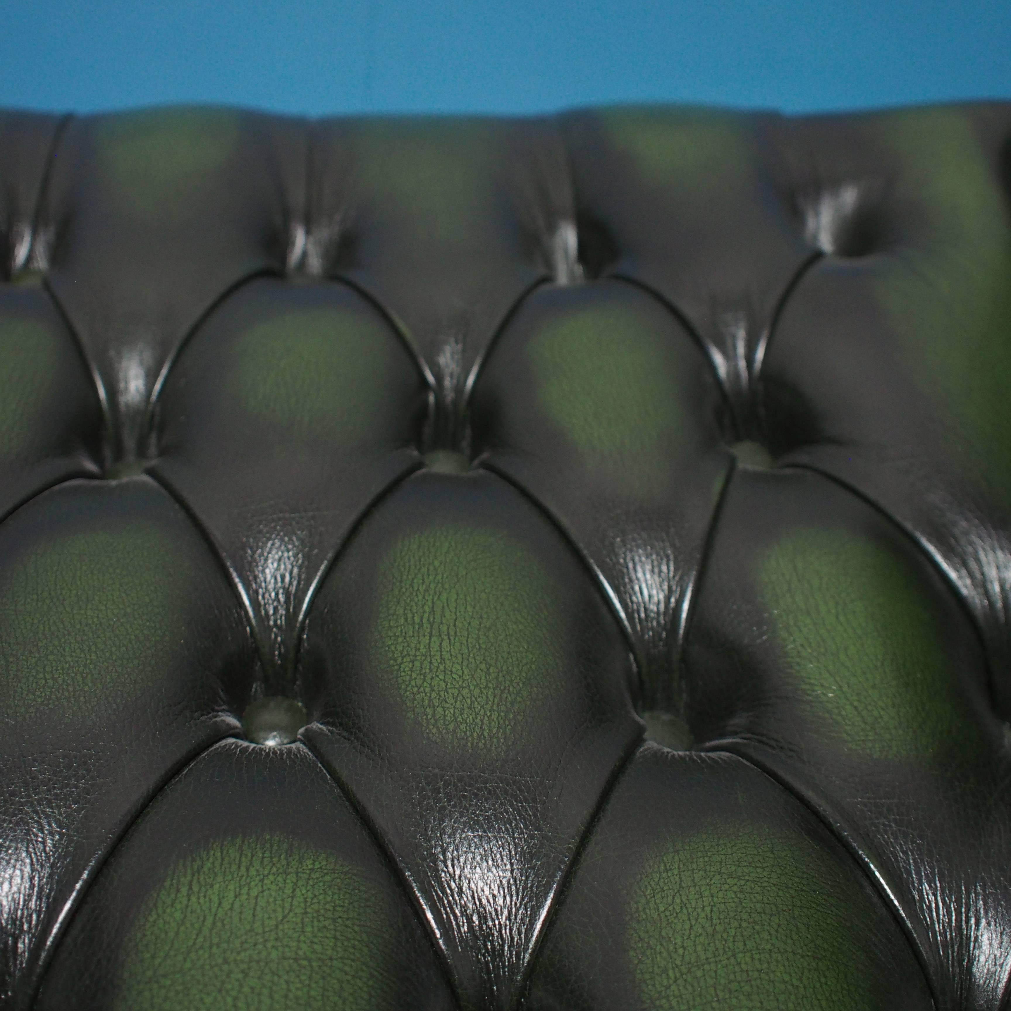 Two-Seat Leather Wingback Chesterfield Sofa, Antique Green, 1980s 3