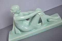Large Art Deco Peppermint Green French Ceramic Figurine Sculpture