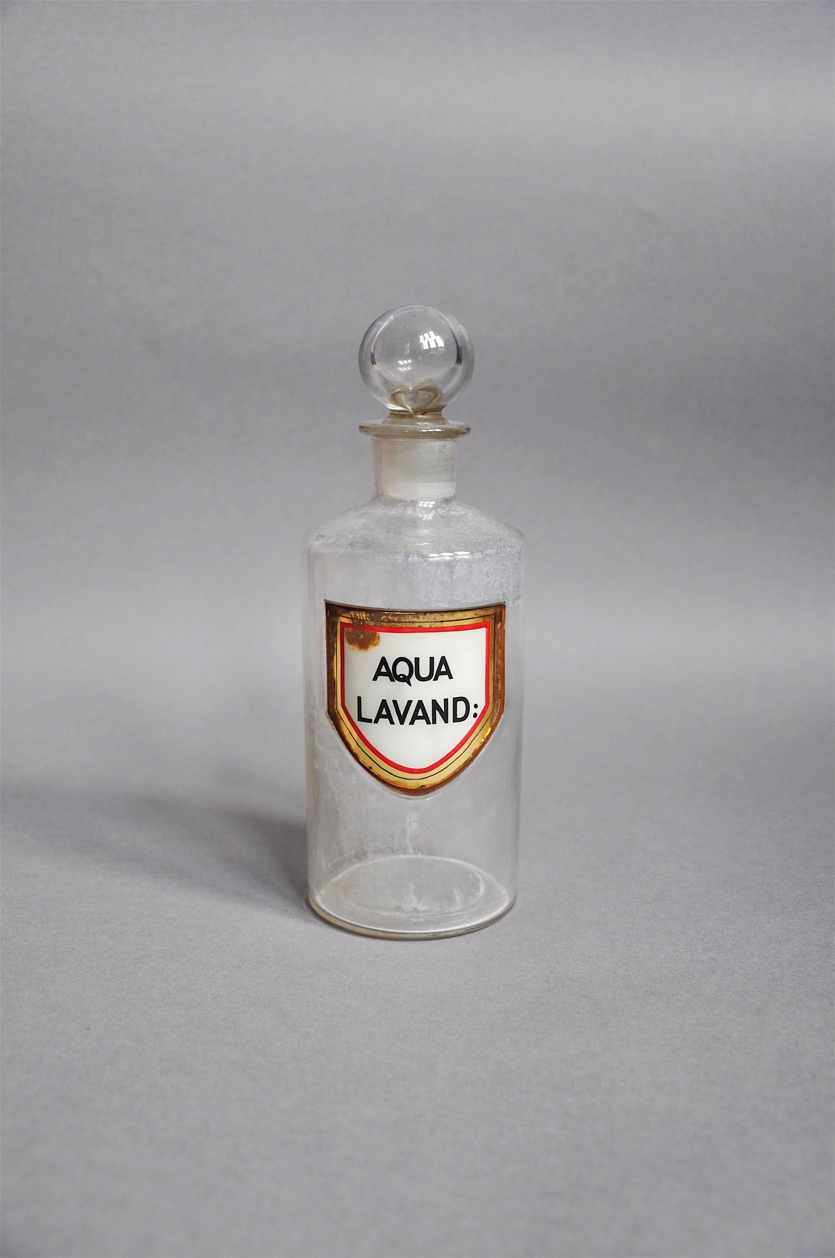 Blown Glass Rare Antique Perfume Bottle, ‘Aqua Lavand:’ Apothecary Glass Gold Leaf For Sale