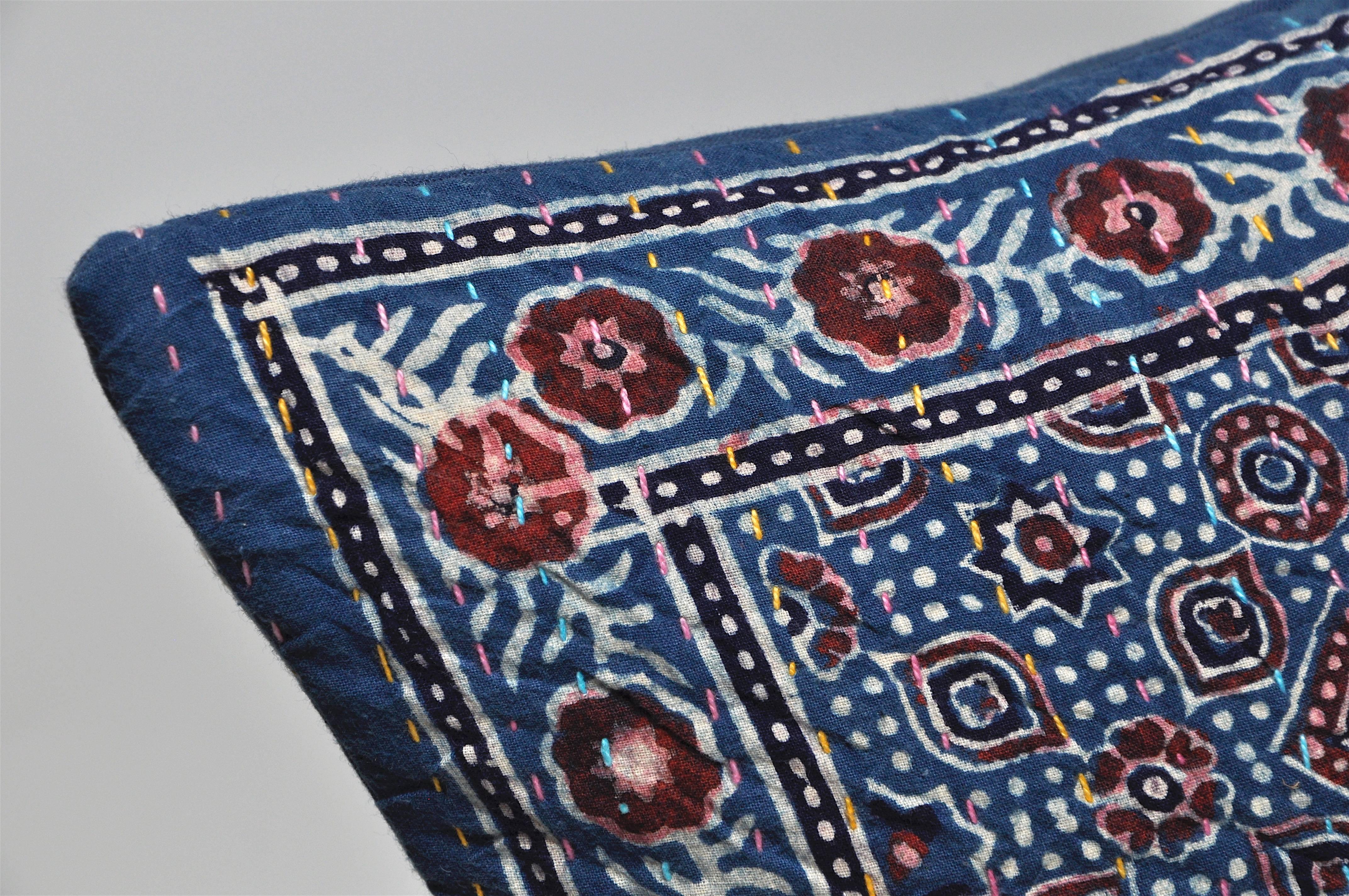 Bohemian Vintage Indian Indigo Batik with Irish Linen Cushion Pillow
