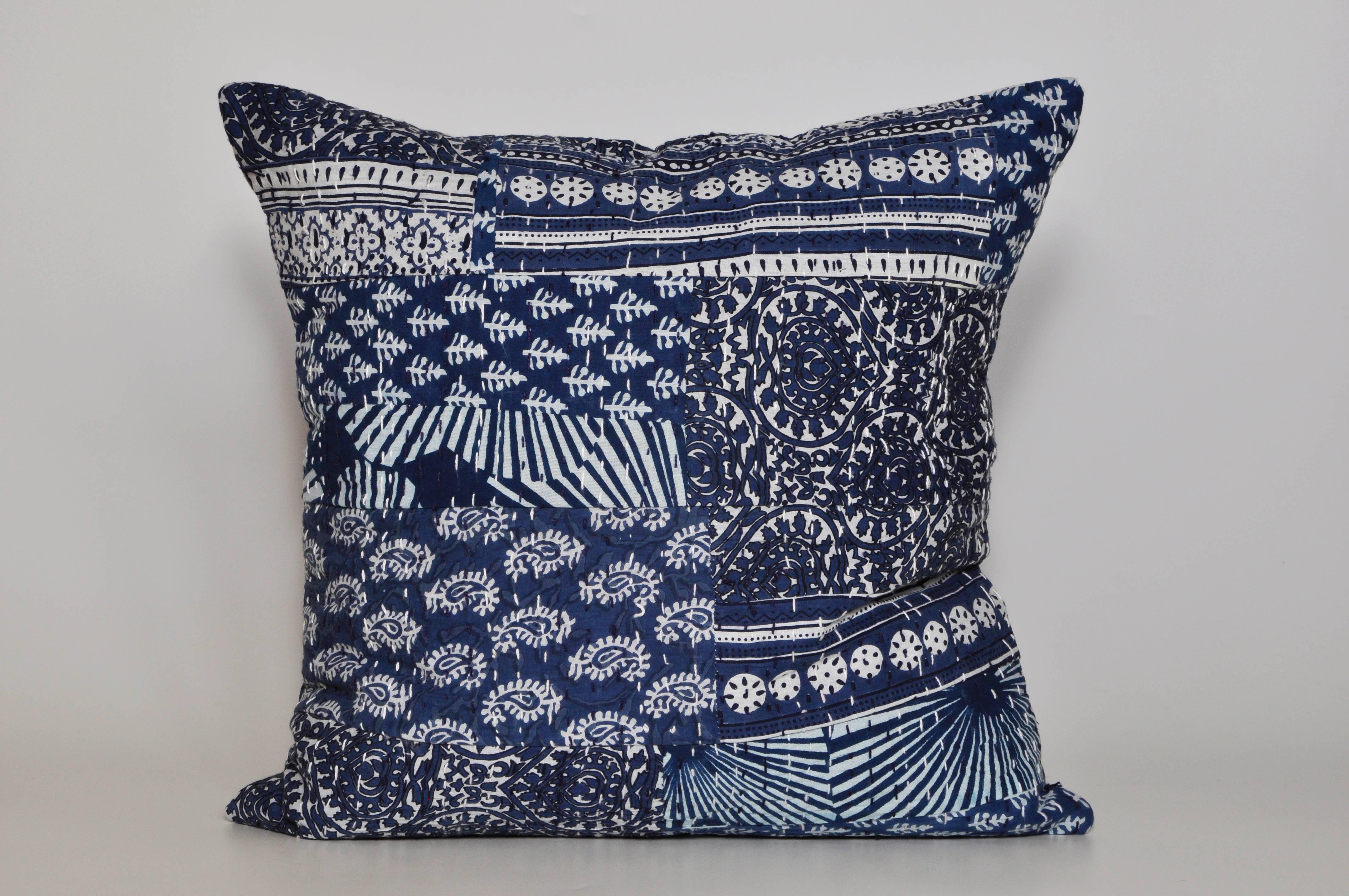 Hand-Crafted Vintage Indian Batik Kantha Indigo Patchwork with Irish Linen Cushion Pillow For Sale