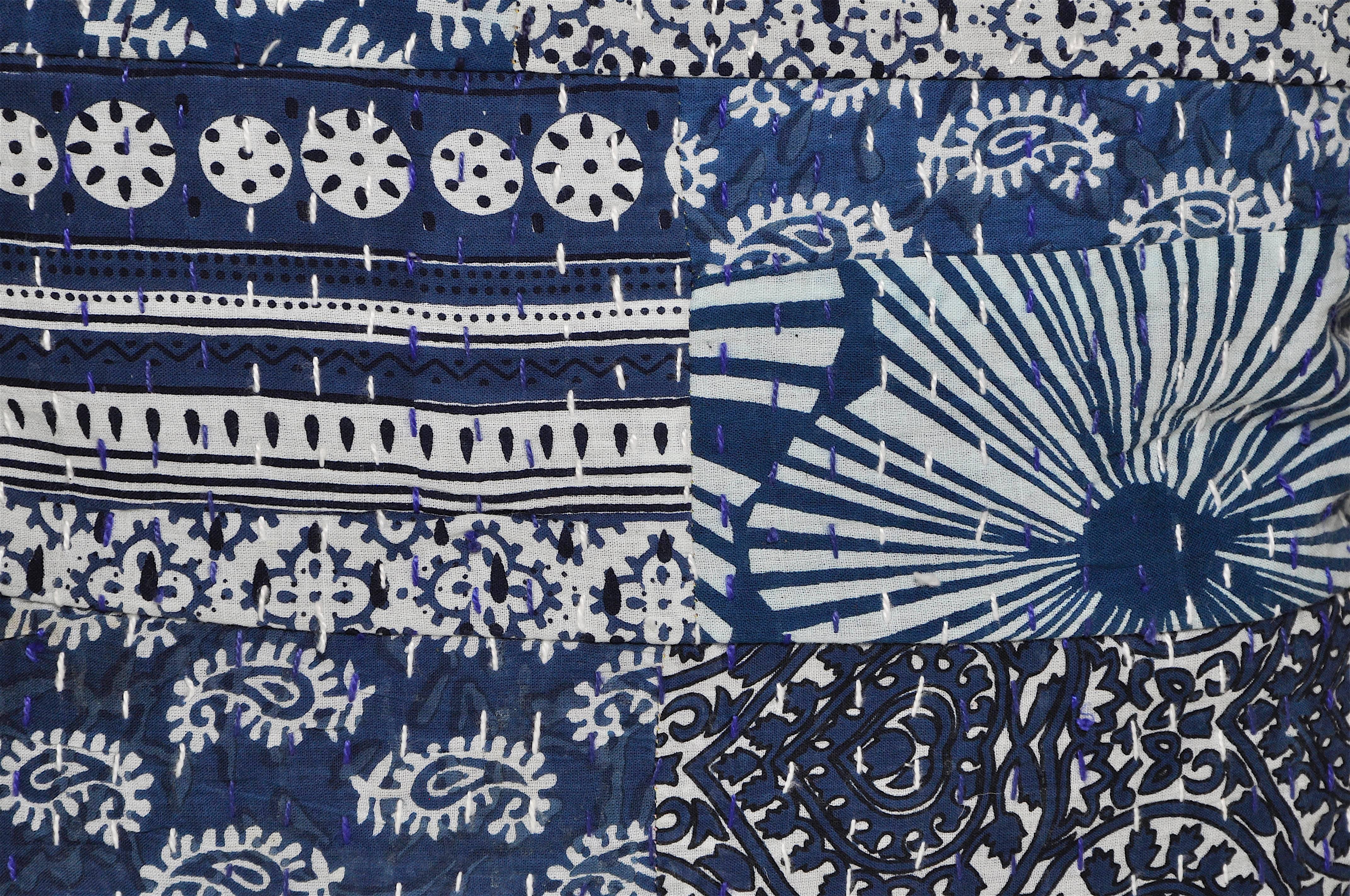 20th Century Vintage Indian Batik Kantha Indigo Patchwork with Irish Linen Cushion Pillow For Sale