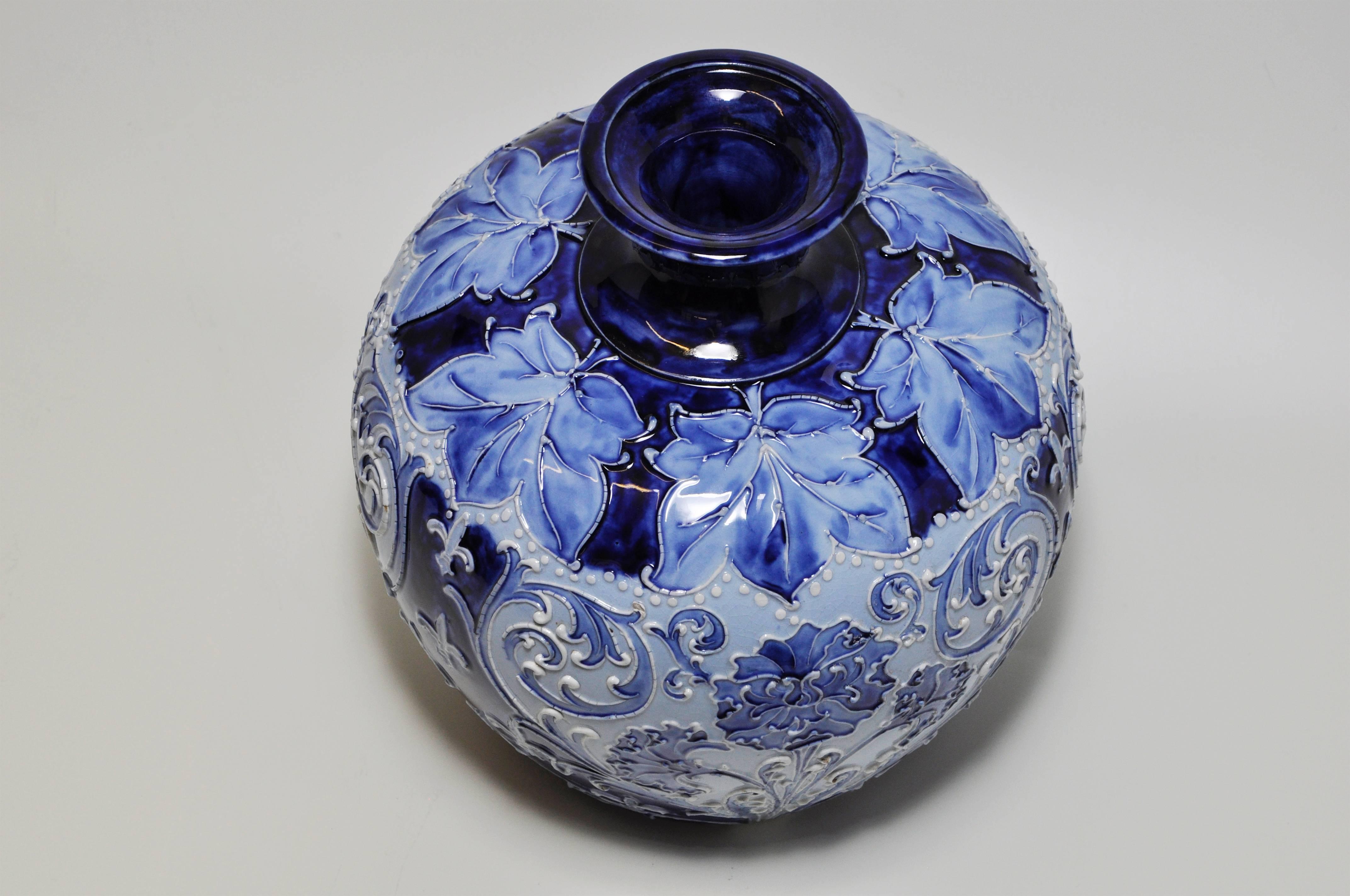 English Large Rare Florian Ware Moorcroft Macintyre Blue Vase Pot Art Pottery For Sale