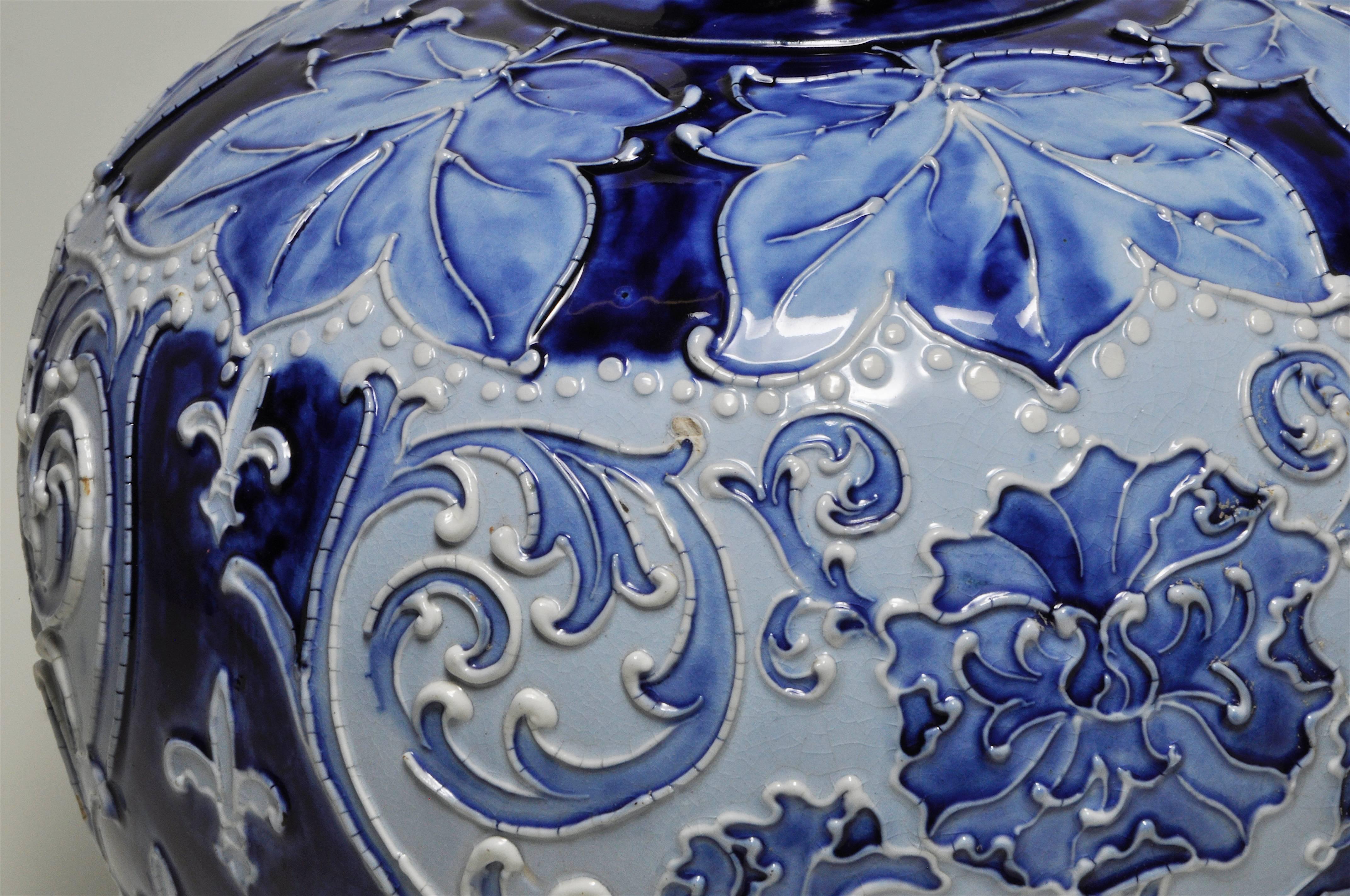 Art Nouveau Large Rare Florian Ware Moorcroft Macintyre Blue Vase Pot Art Pottery For Sale