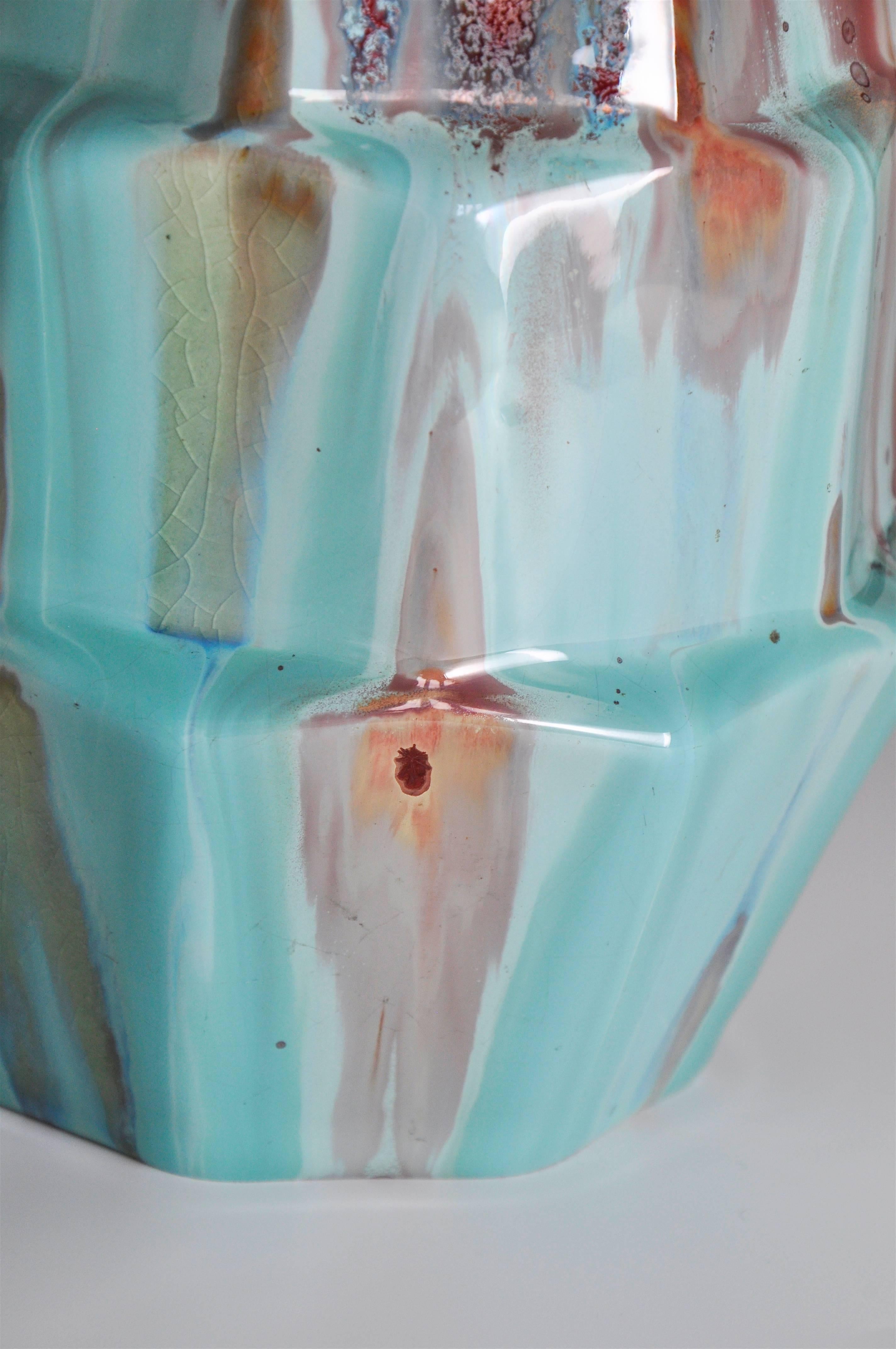 Rare French Art Deco Gabriel Fourmaintraux Desvres Pot Turquoise Ceramic Vase For Sale 1