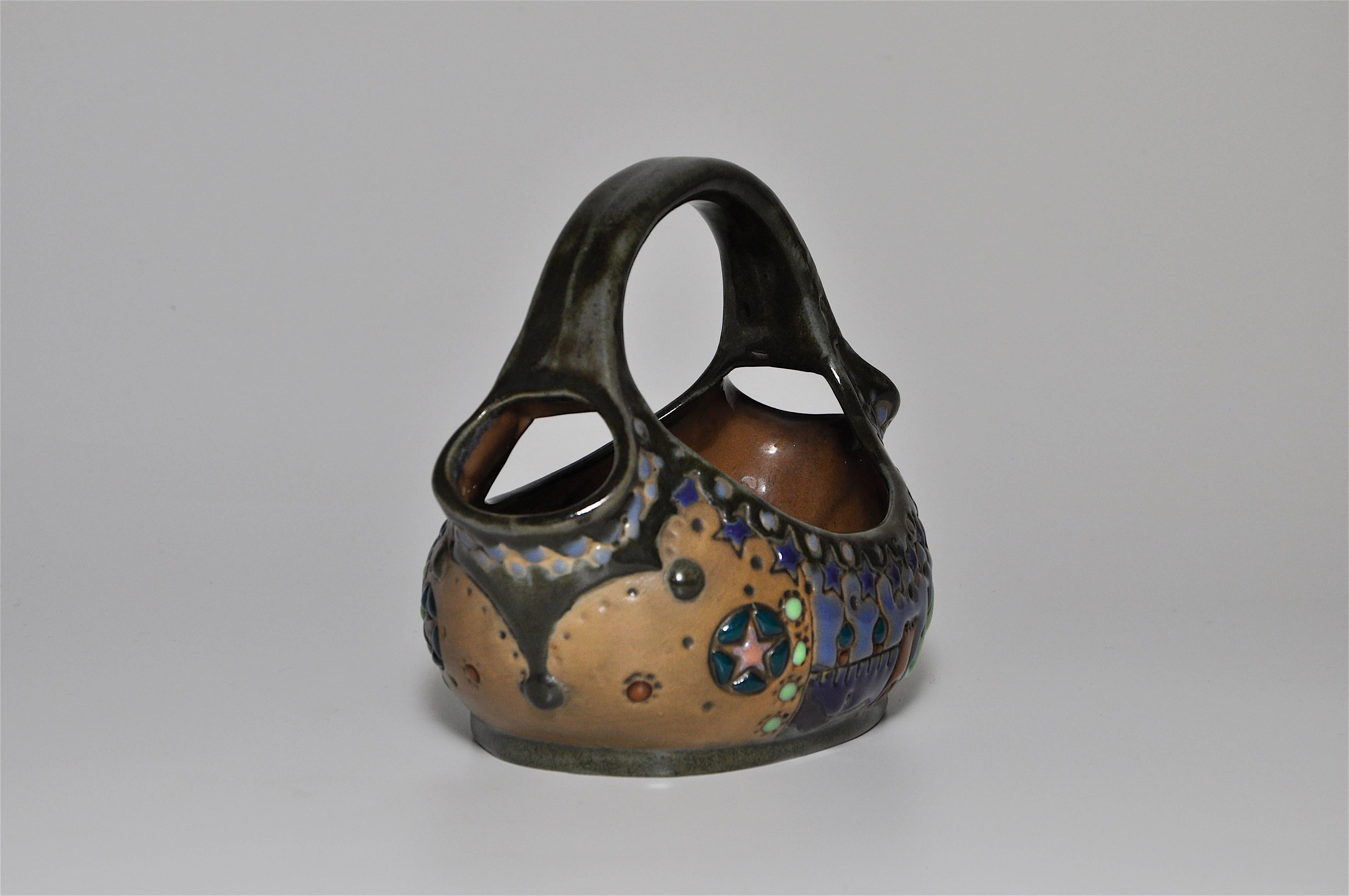 Rare Riessner and Kessel Amphora Ceramic Art Nouveau Pottery Basket For Sale 1