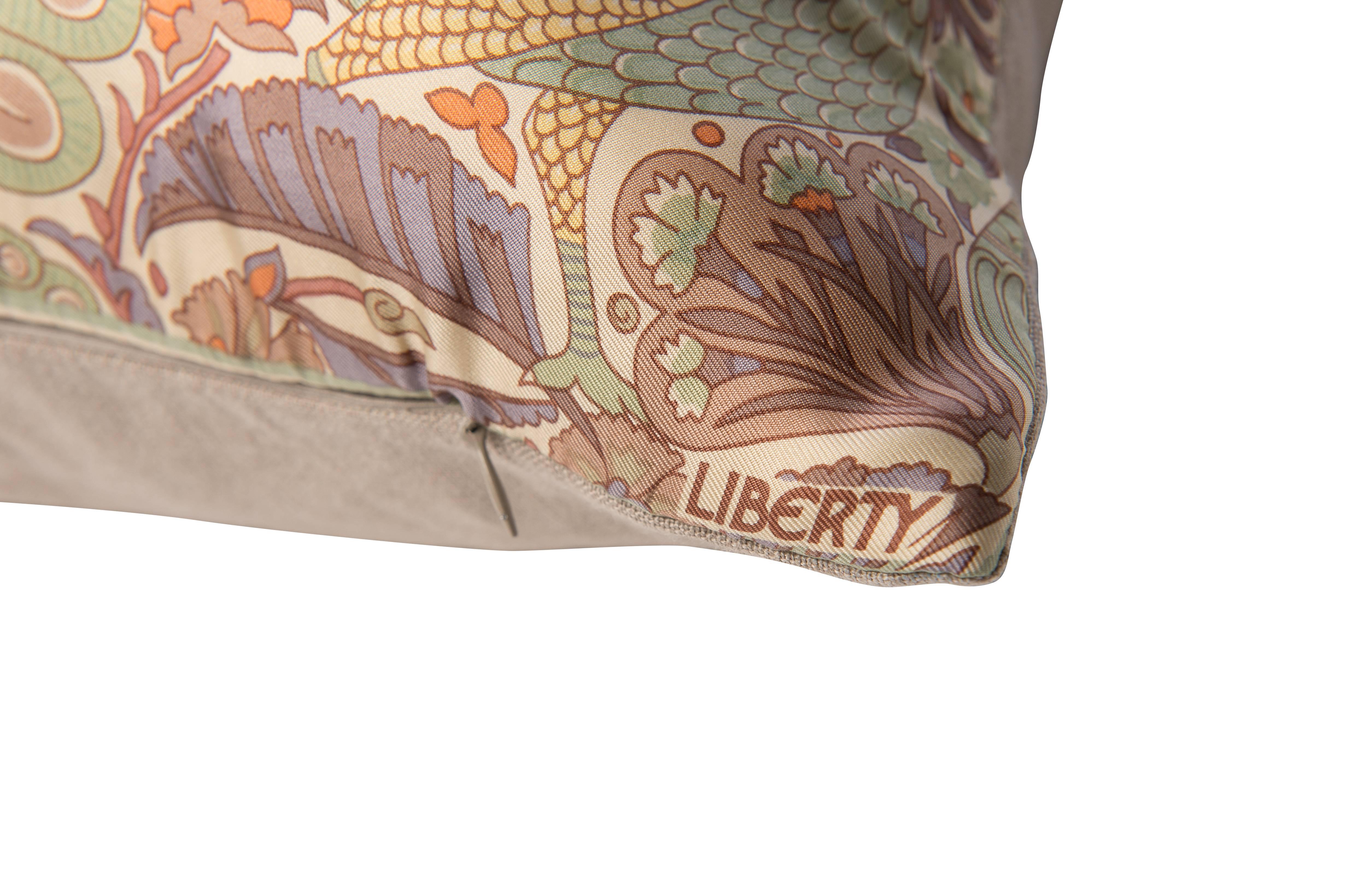 Arts and Crafts Vintage Liberty of London Peacock Print Silk Scarf Irish Linen Cushion Pillow For Sale