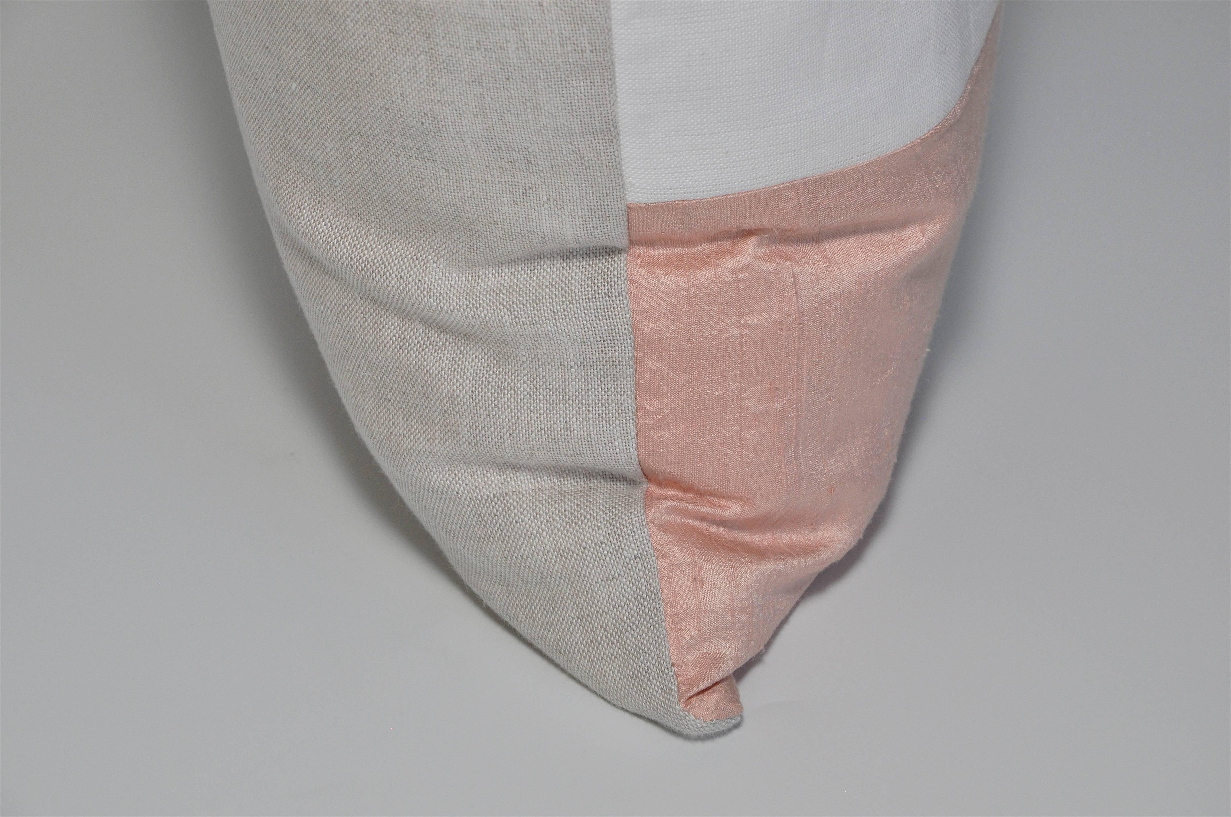 Hand-Crafted Small French Antique Pink Peach Silk and Irish Linen Cushion Geometric Pillow