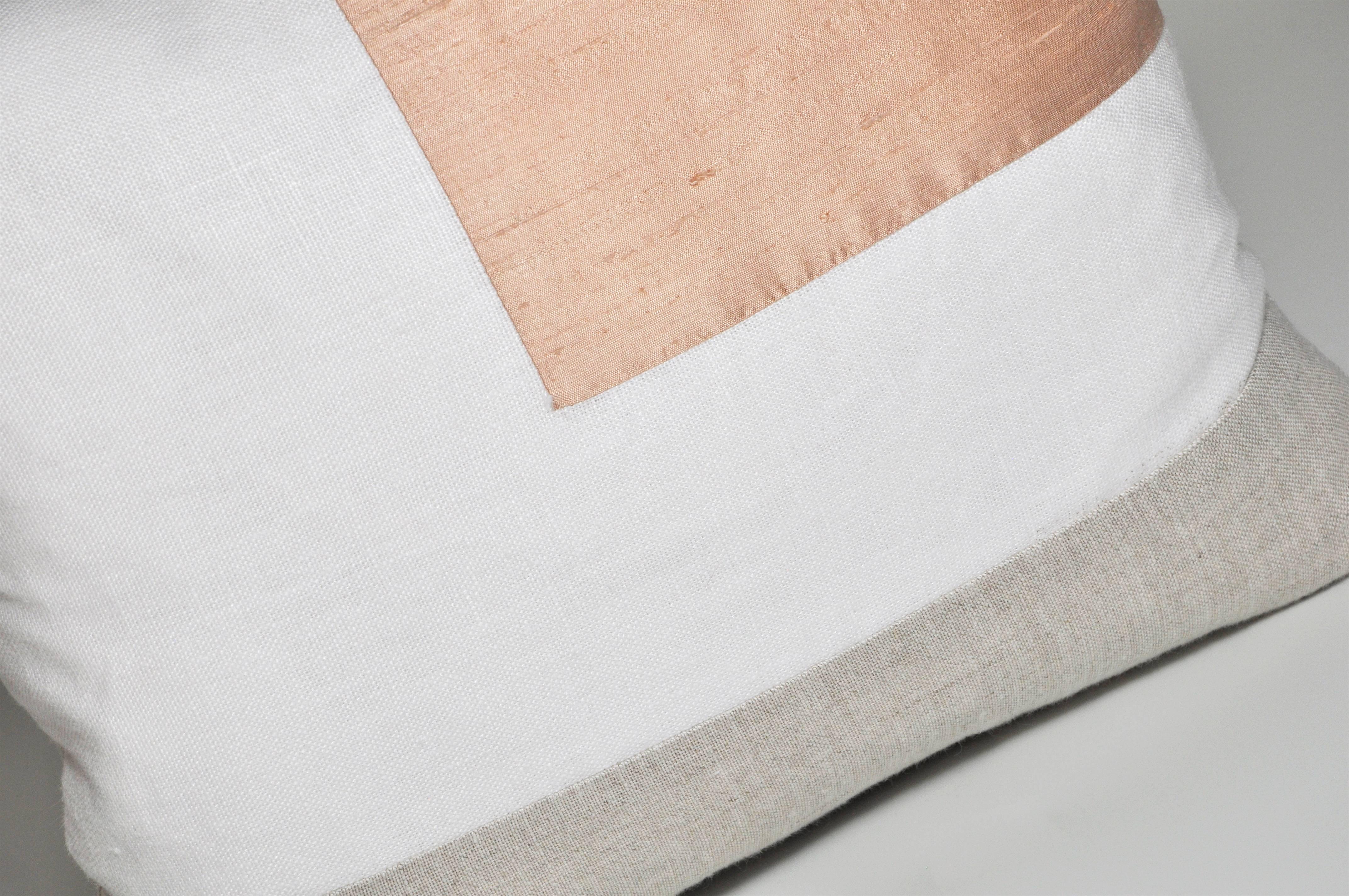 Mid-Century Modern Small French Antique Pink Peach Silk and Irish Linen Cushion Geometric Pillow