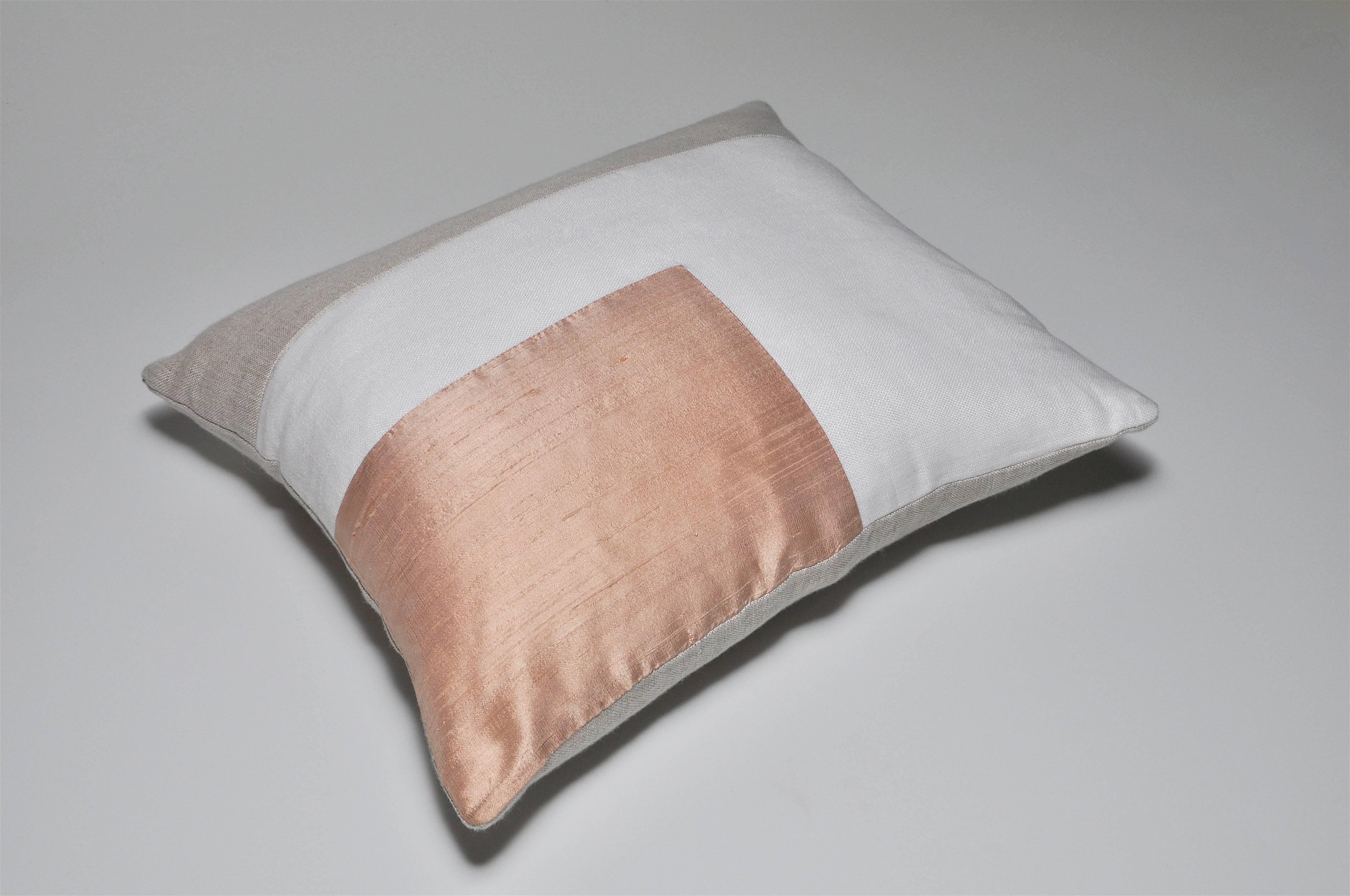 Small French Antique Pink Peach Silk and Irish Linen Cushion Geometric Pillow 2