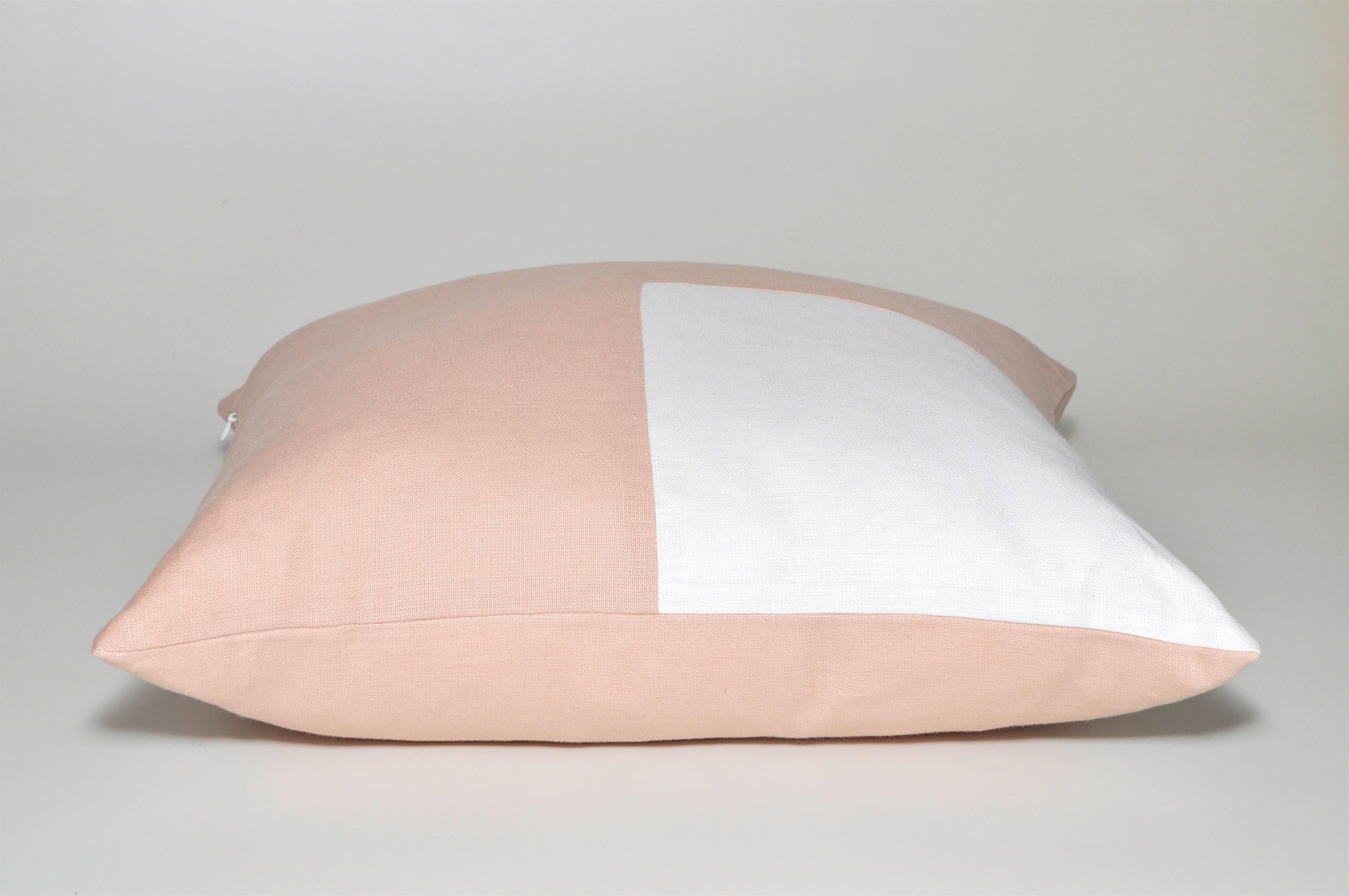 Northern Irish Large, Pink Peach and White Irish Linen Patchwork Cushion Geometric Pillow For Sale