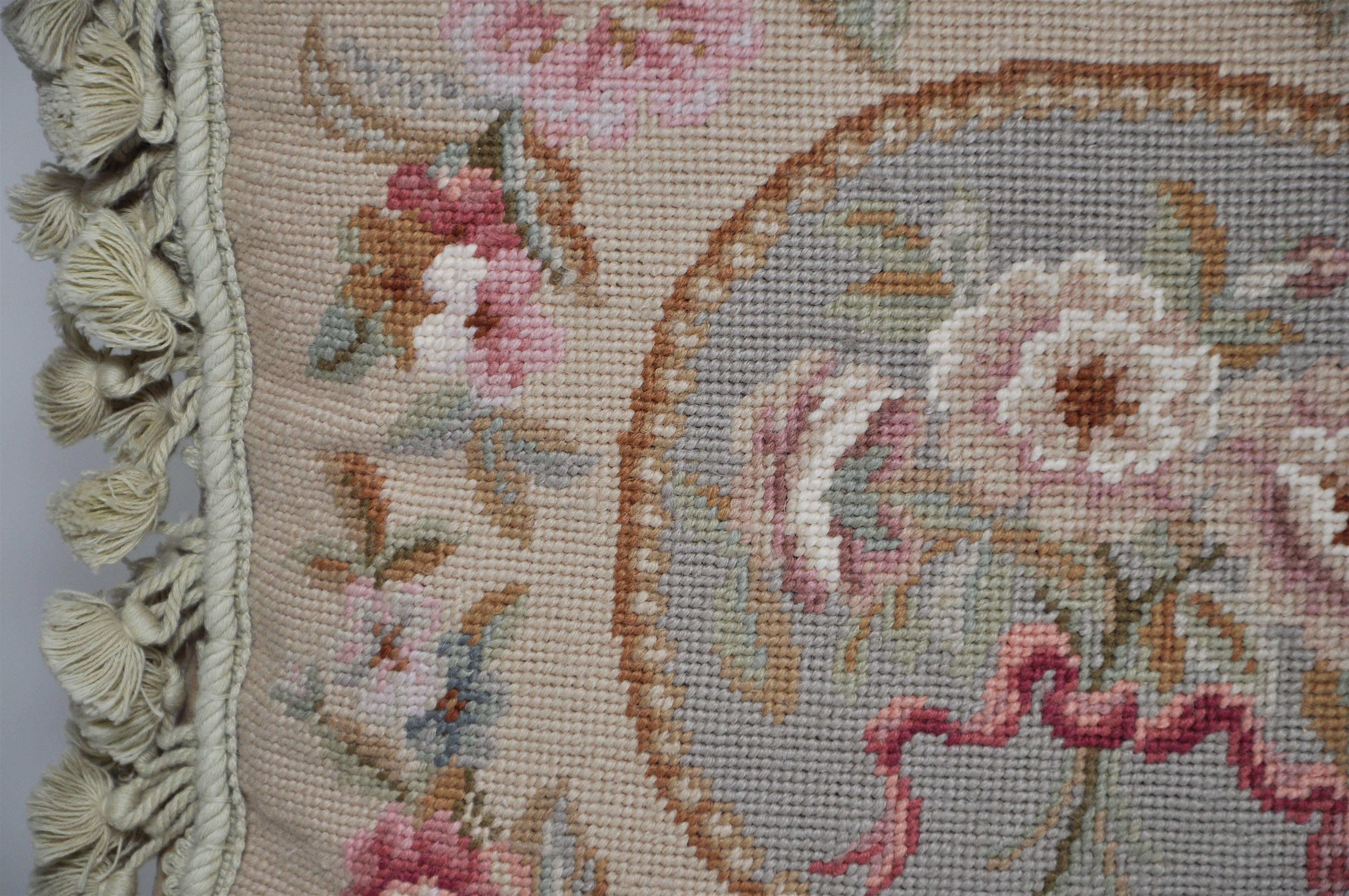 Rococo French Needlepoint Tapestry by Hand Wool and Velvet Pillow Cushion