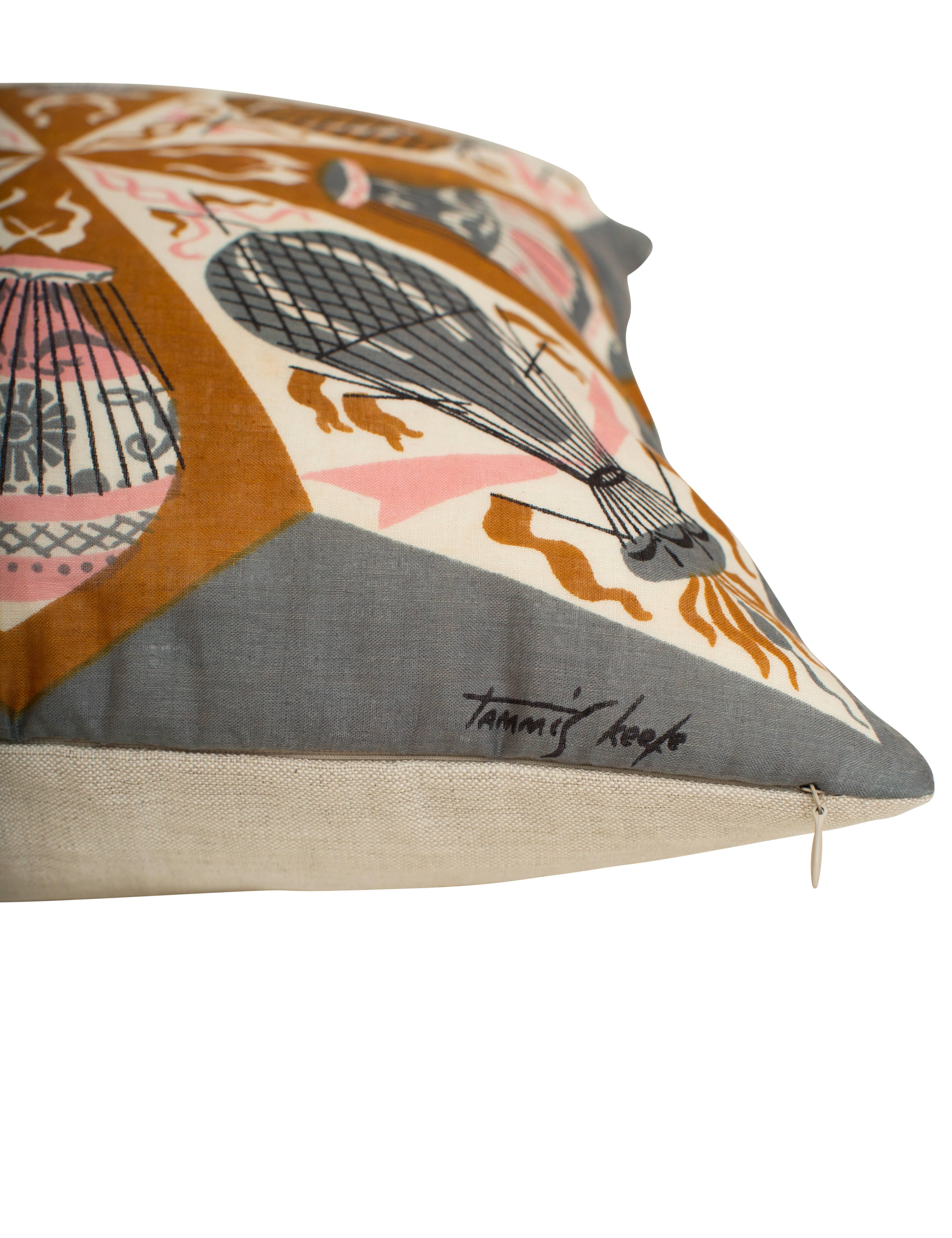 Custom-made one-of-a-kind luxury cushion (pillow) created from an exquisite late 1940s vintage Tammis Keefe scarf in a charming stylised pattern. In an assortment of grey, brown and pink muted colours, scarves from this era were known for their soft