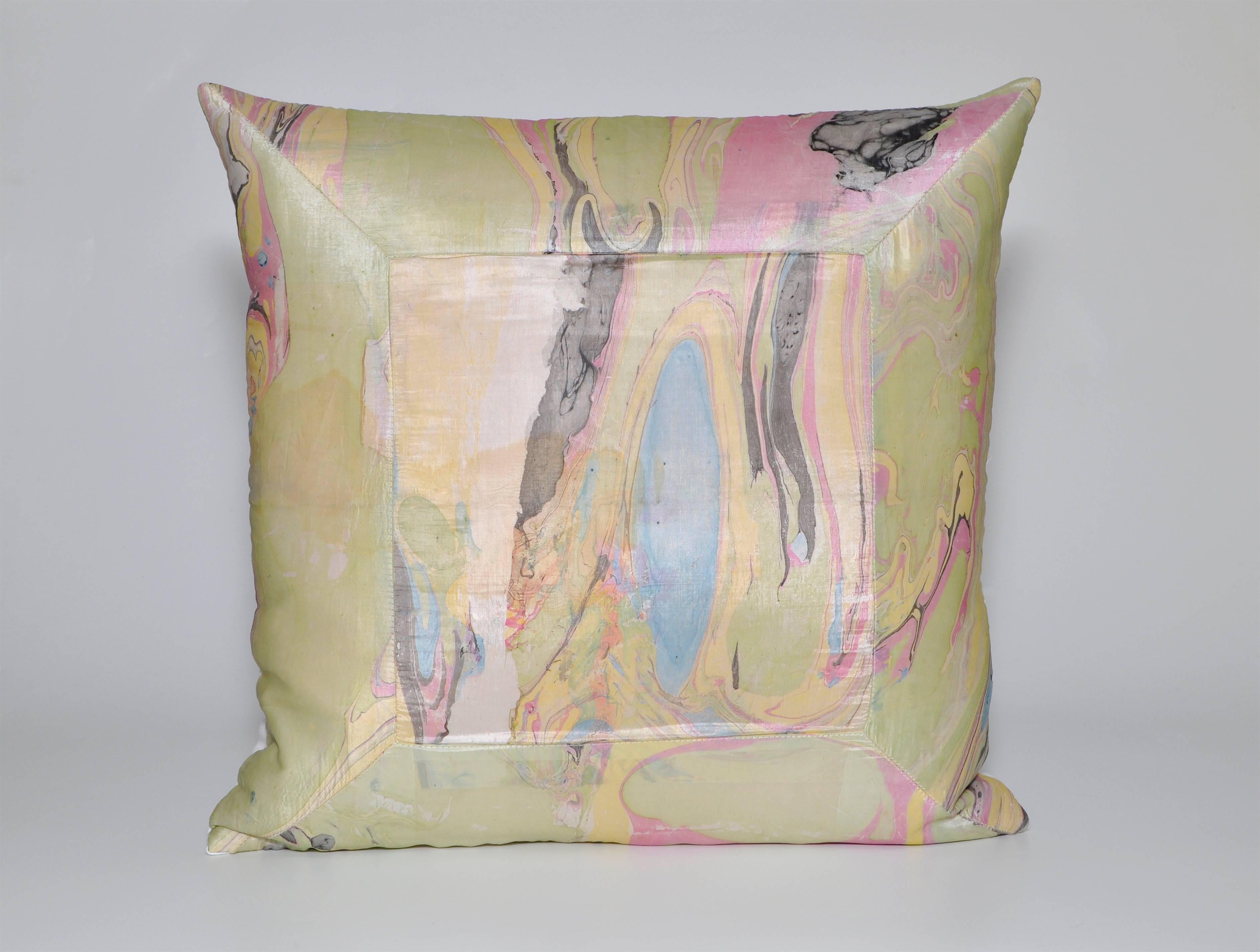 Large custom-made one-of-a-kind pair of luxury cushions (pillows) created from exquisite vintage fabric in a beautiful marbled pattern. The material is slightly distressed and faded which gives it its sumptuous character and has a subtle sheen. The