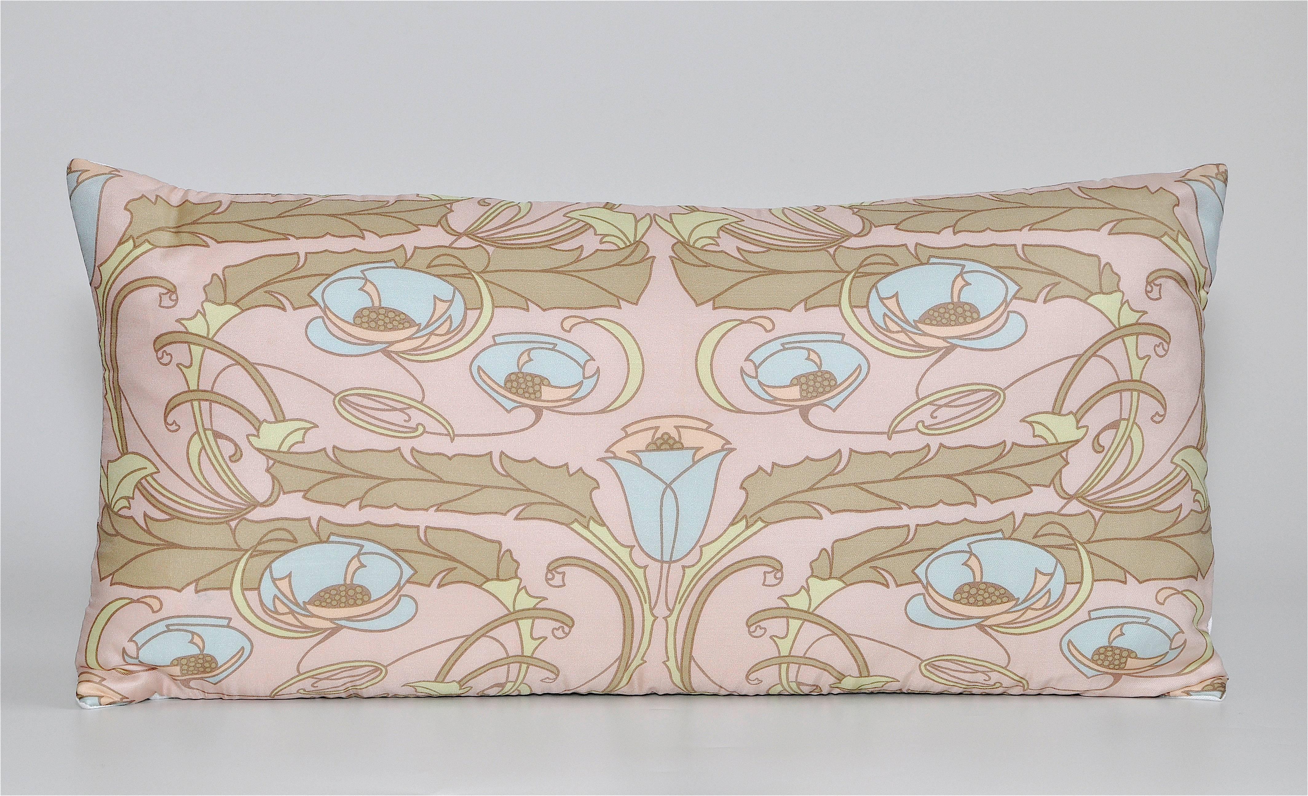 custom-made one-of-a-kind pair of luxury cushions (pillows) created from an exquisite vintage silk Liberty of London fashion scarf in a pastel coloured organic design. Sensuous leaves and delicate blue flower heads swirl and intertwine with each