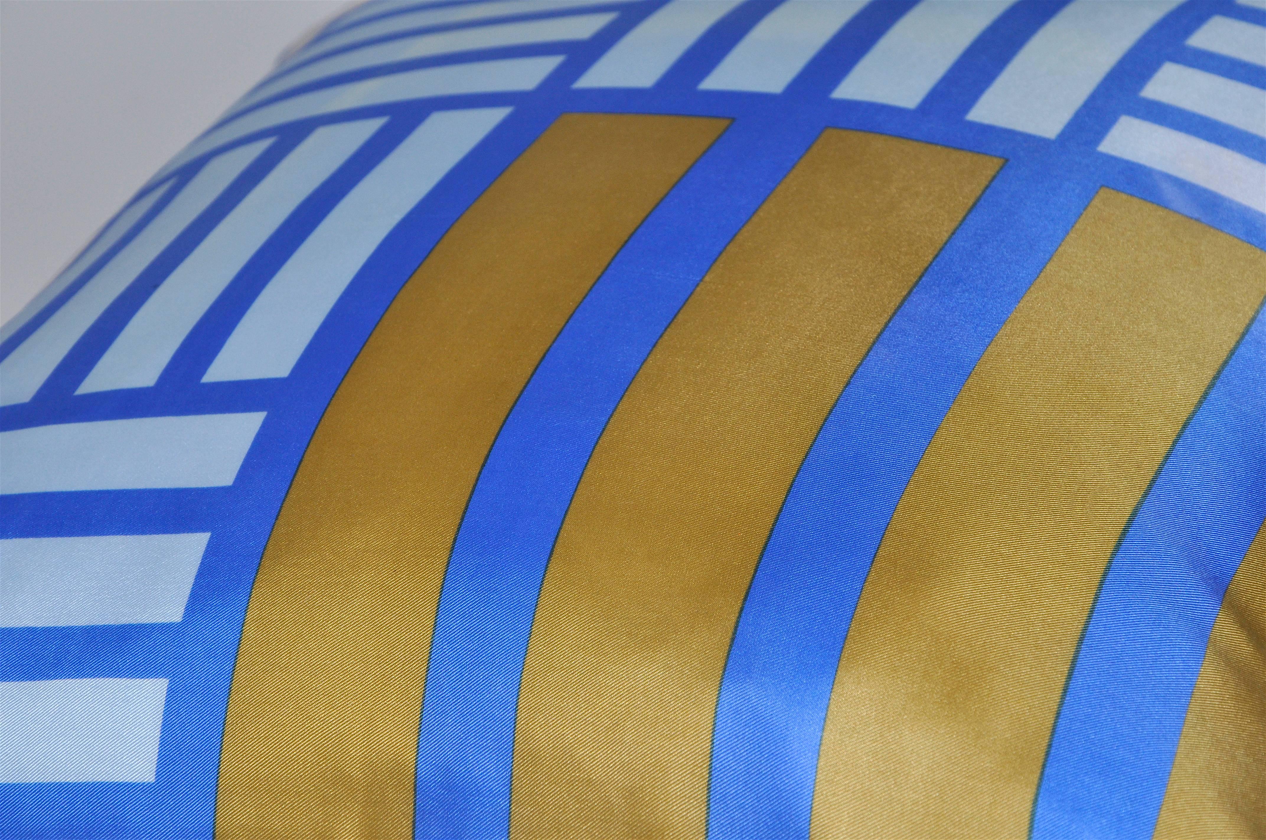 Mid-Century Modern Vintage Schiaparelli Blue Geometric Silk Scarf with Irish Linen Cushion Pillow