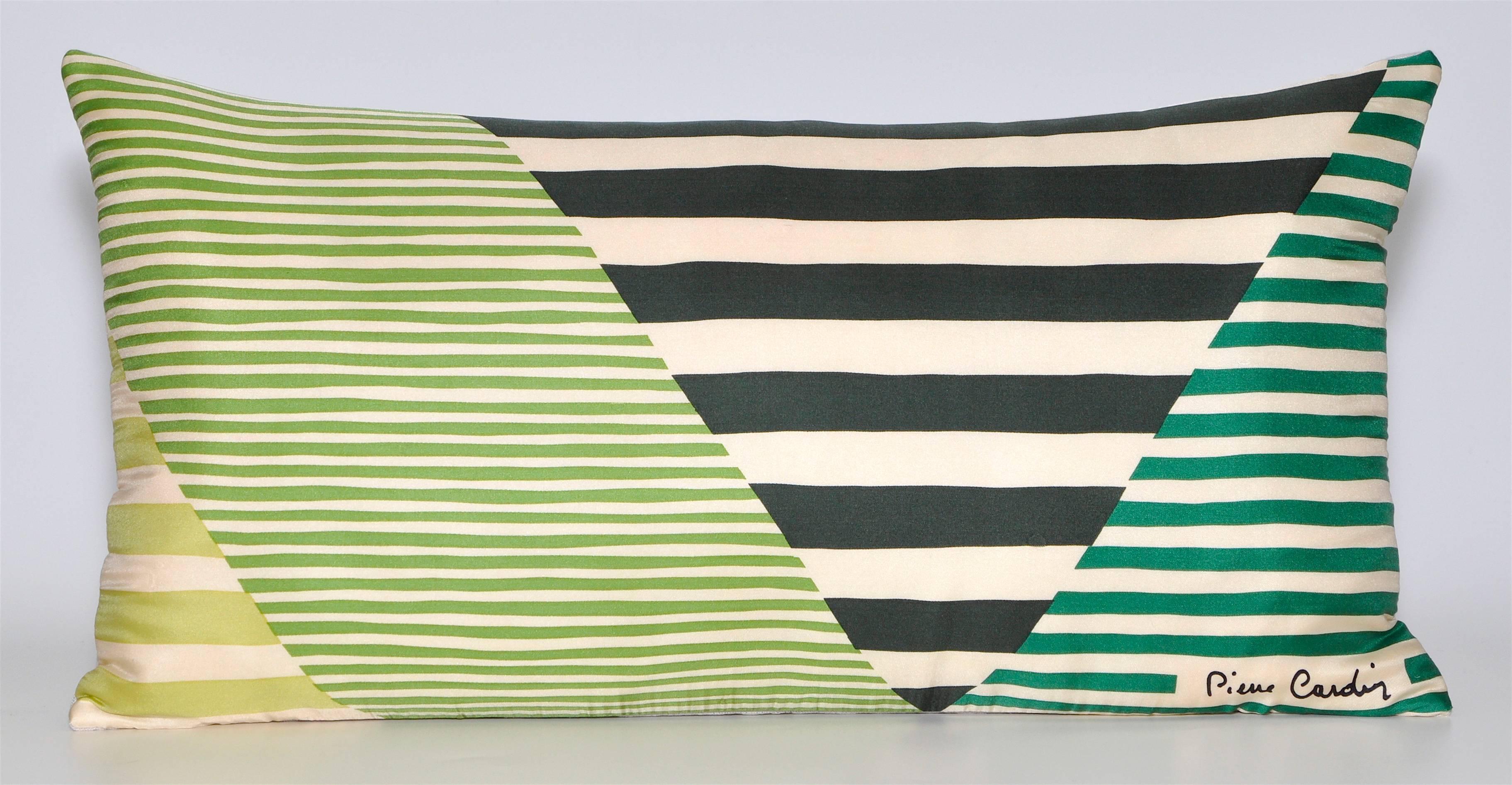Custom-made one-of-a-kind set of luxury cushions (pillows) created from an exquisite vintage silk Pierre Cardin fashion scarf in an attractive geometric pattern. With bold stripes alternating in beige and an array of greens. From a very delicate