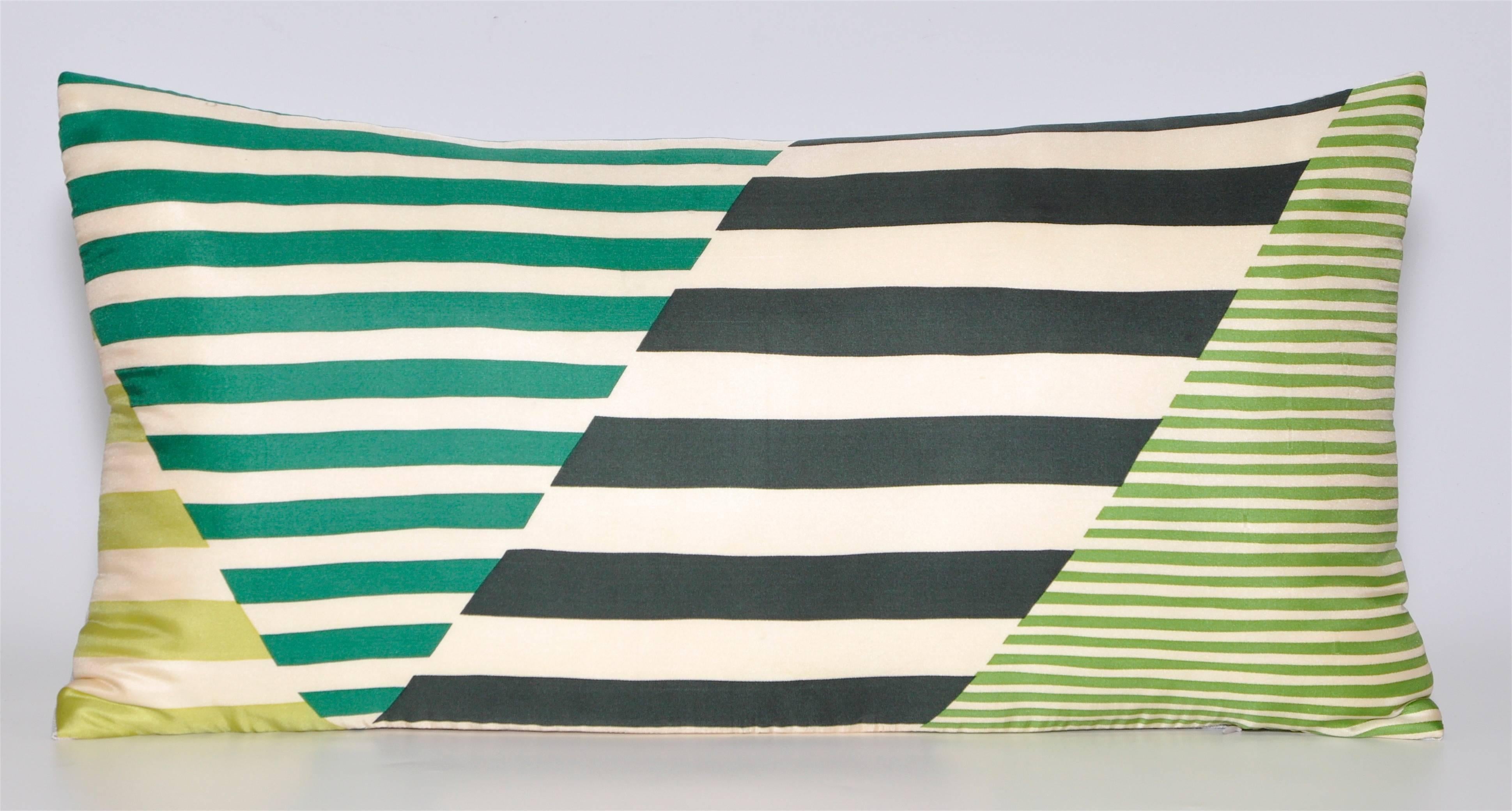 Mid-Century Modern Pair of Vintage Pierre Cardin Green Geometric Silk with Irish Linen Pillows For Sale