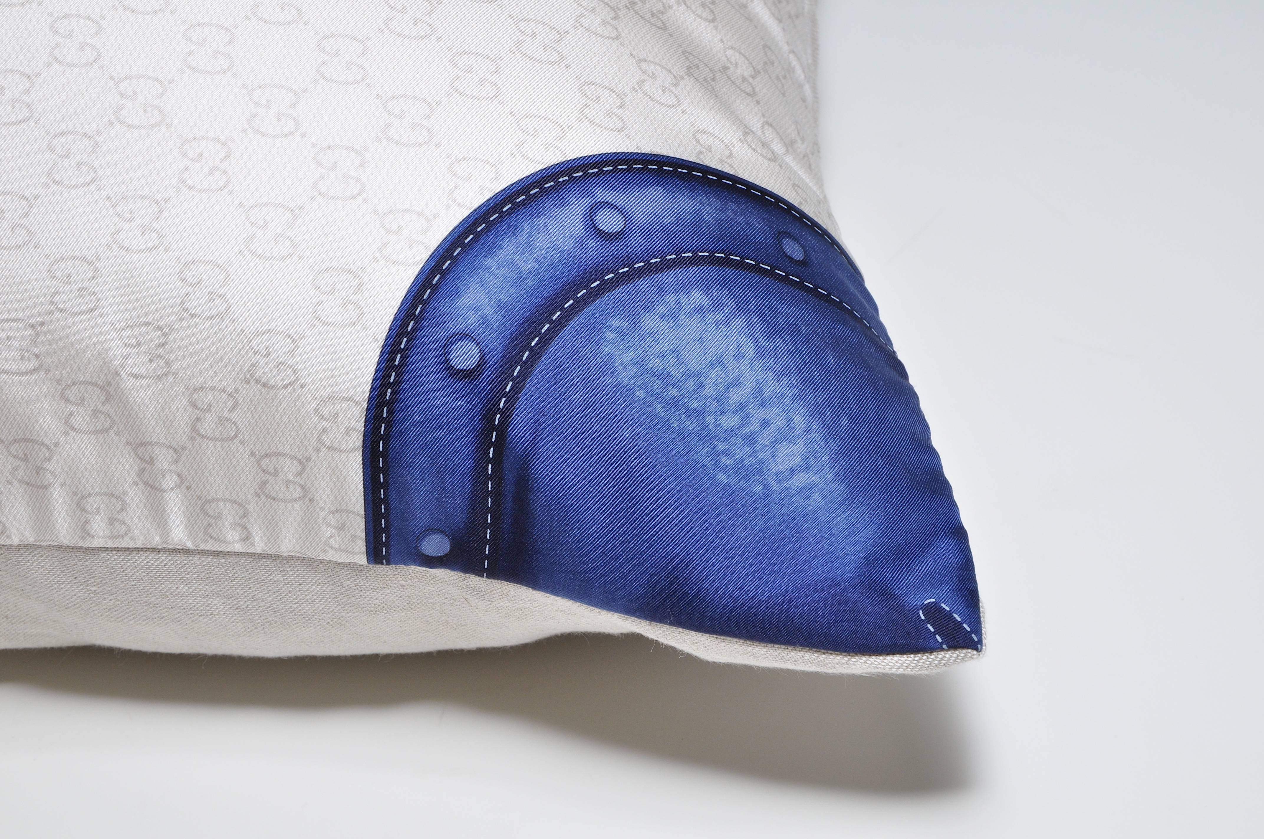 Mid-Century Modern Large Blue Gold Vintage Gucci Silk Scarf, Irish Linen Cushion Pillow For Sale