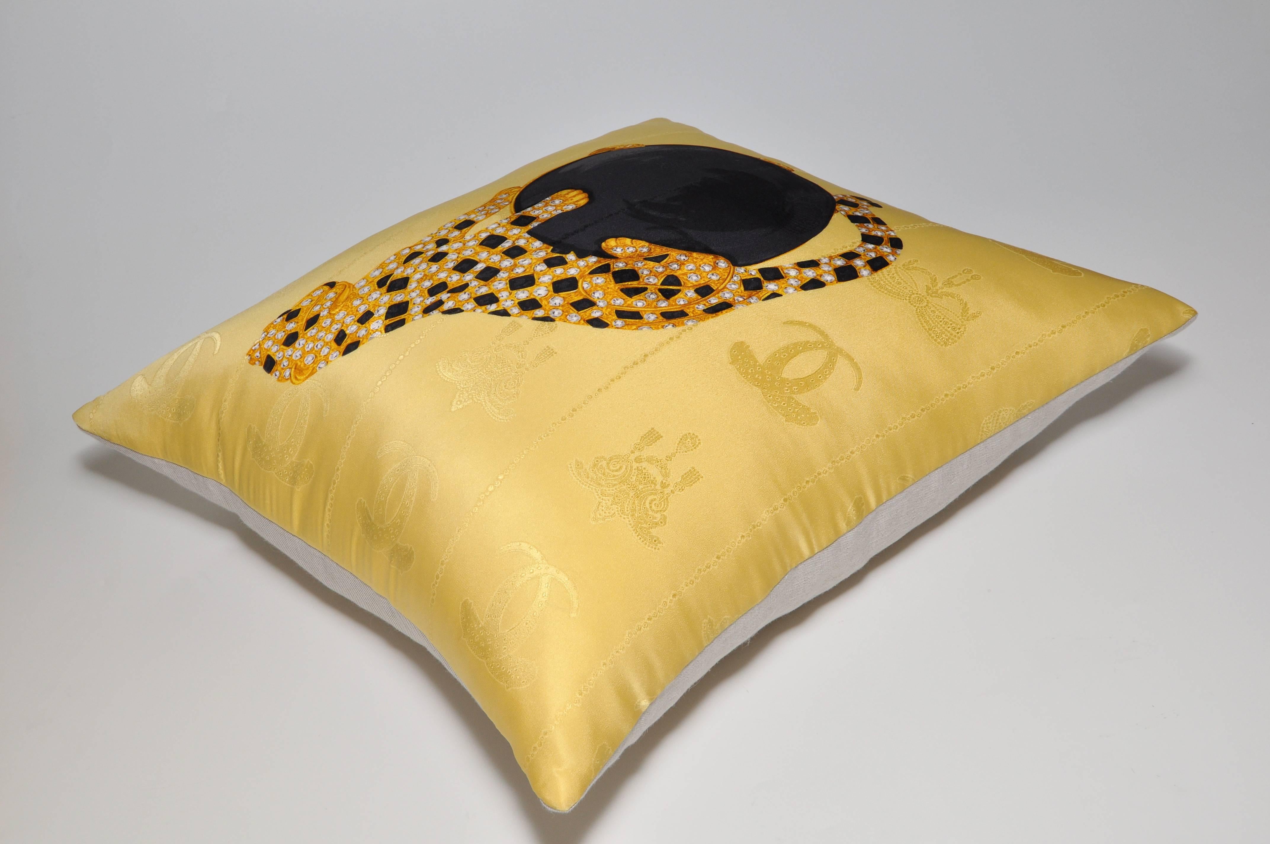 Hand-Crafted Pair of Gold Vintage Cartier Panther Jewelry Silk Scarf Cushions Pillows