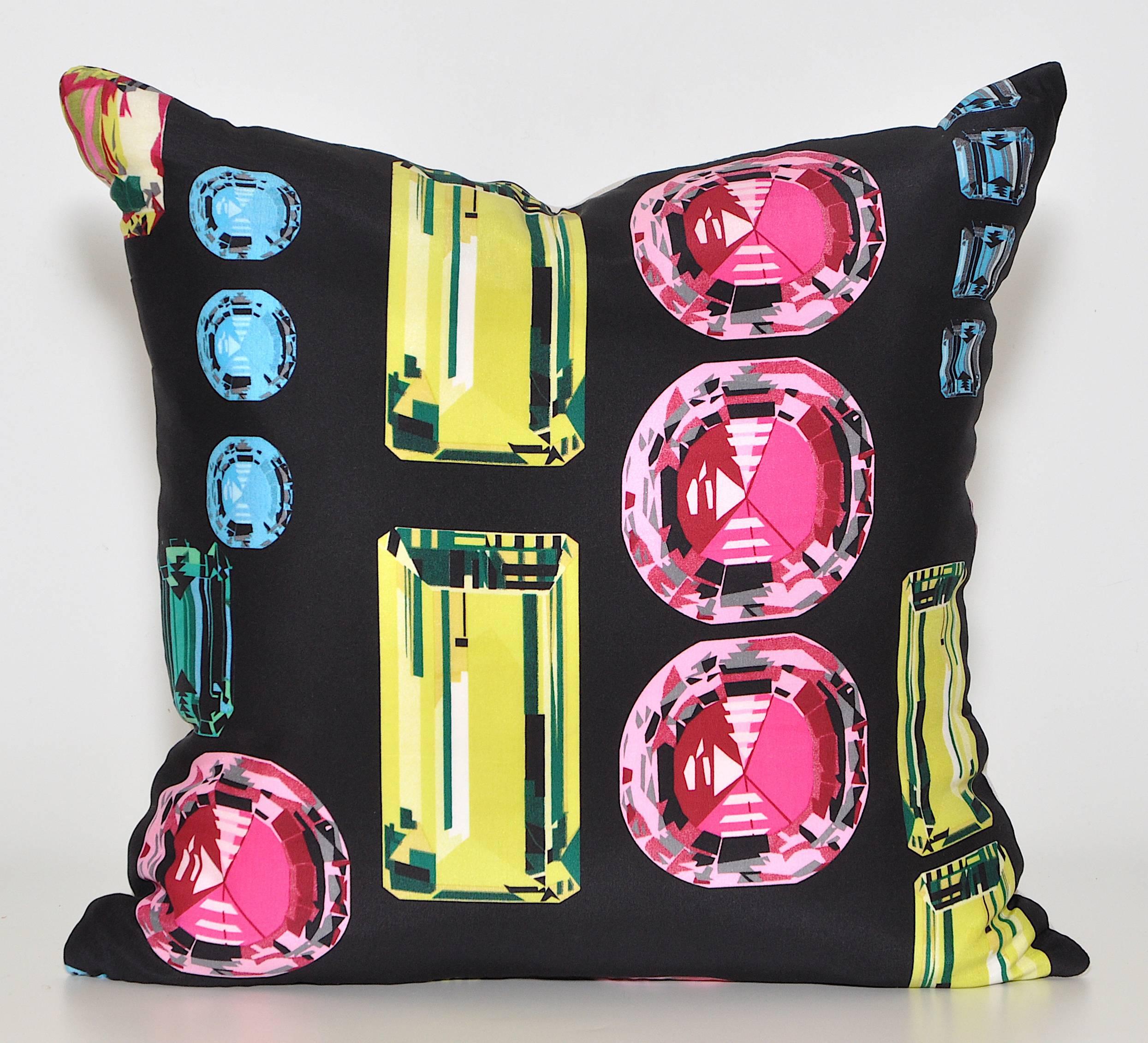 Custom-made one-of-a-kind luxury cushions (pillows) created from an exquisite vintage silk Echo fashion scarf in a multicolored jewel pattern set against a dramatic black ground. Featuring sparkling jewels of a variety of bright colors and sizes
